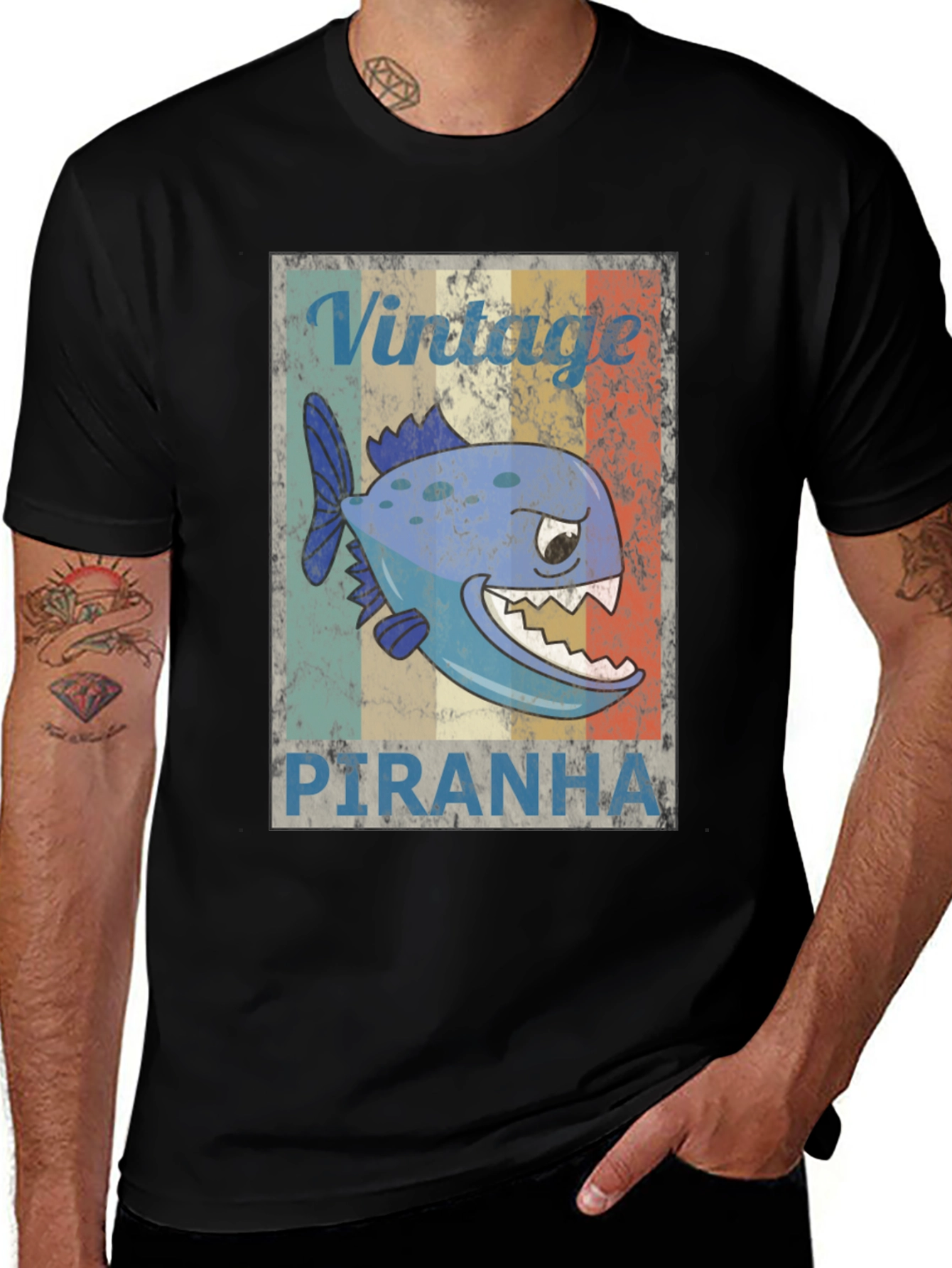 Variant 29 of Vintage Piranha Graphic Tee - Men's Black Cotton T-Shirt