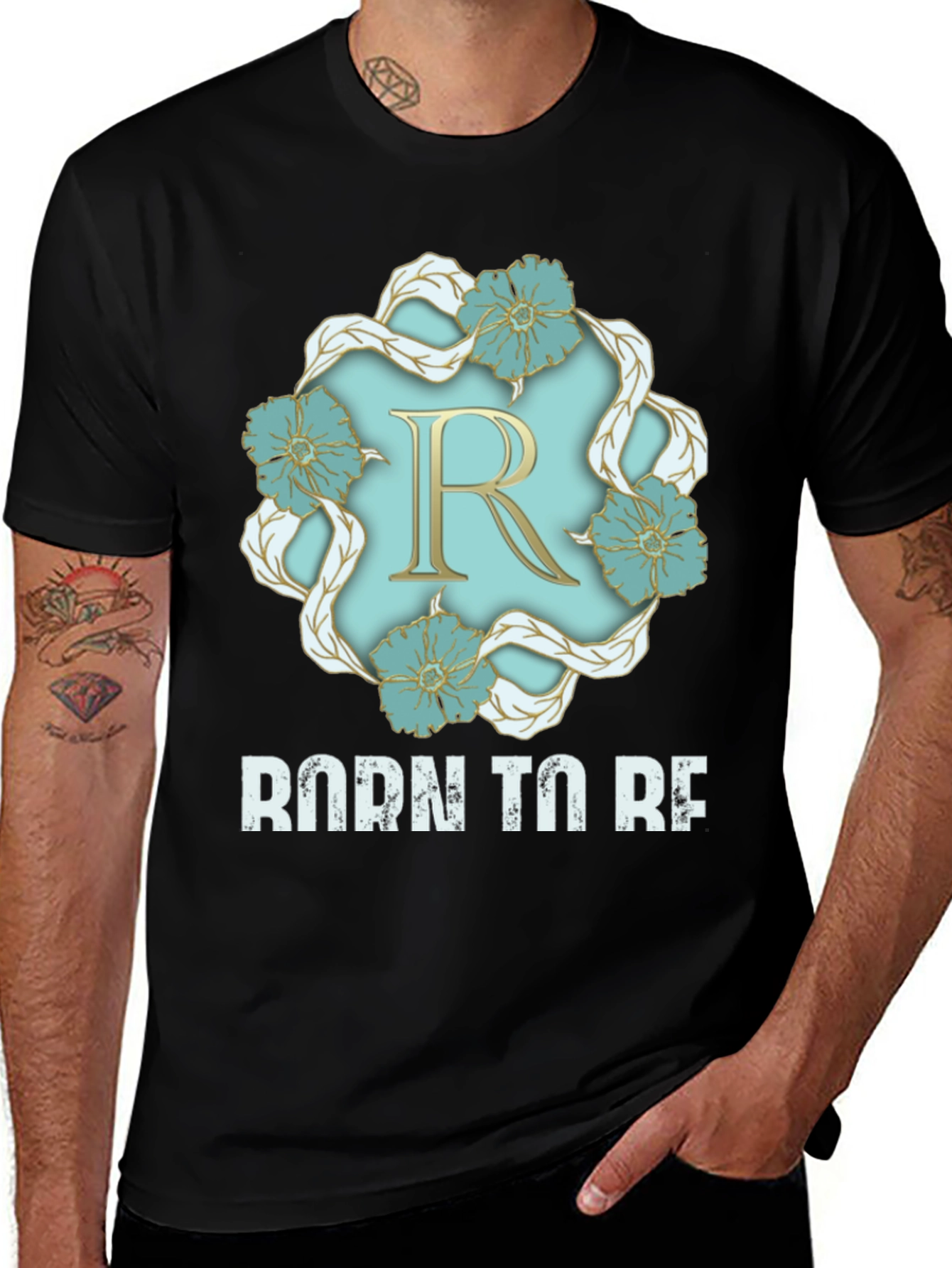 Variant 5 of Floral Initial "R" Black T-Shirt - Born to Be