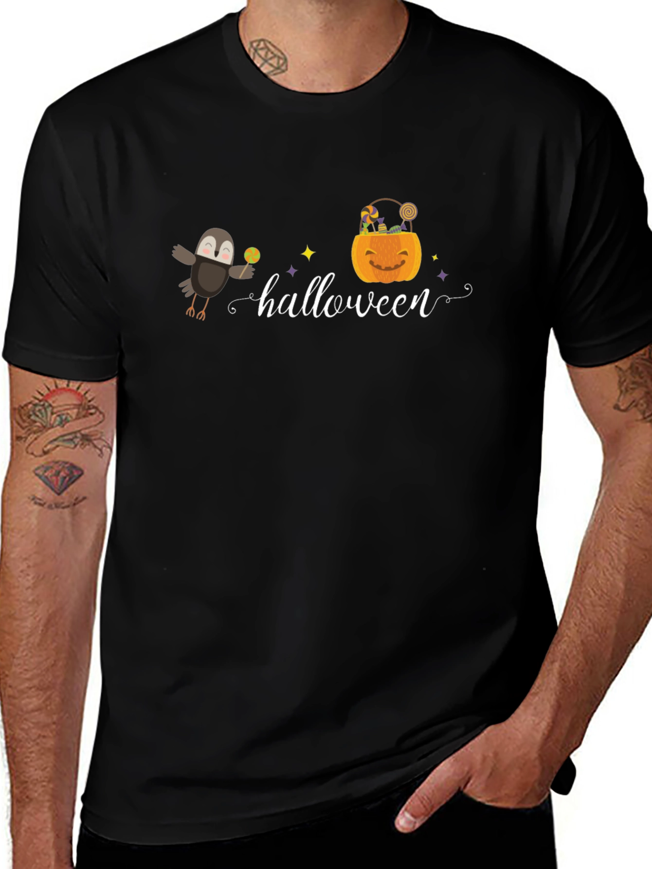 Halloween Graphic Tee - Crow & Pumpkin Design
