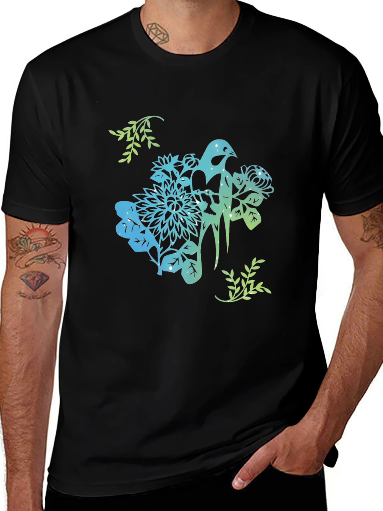 Variant 20 of Bird & Floral Graphic Black T-Shirt