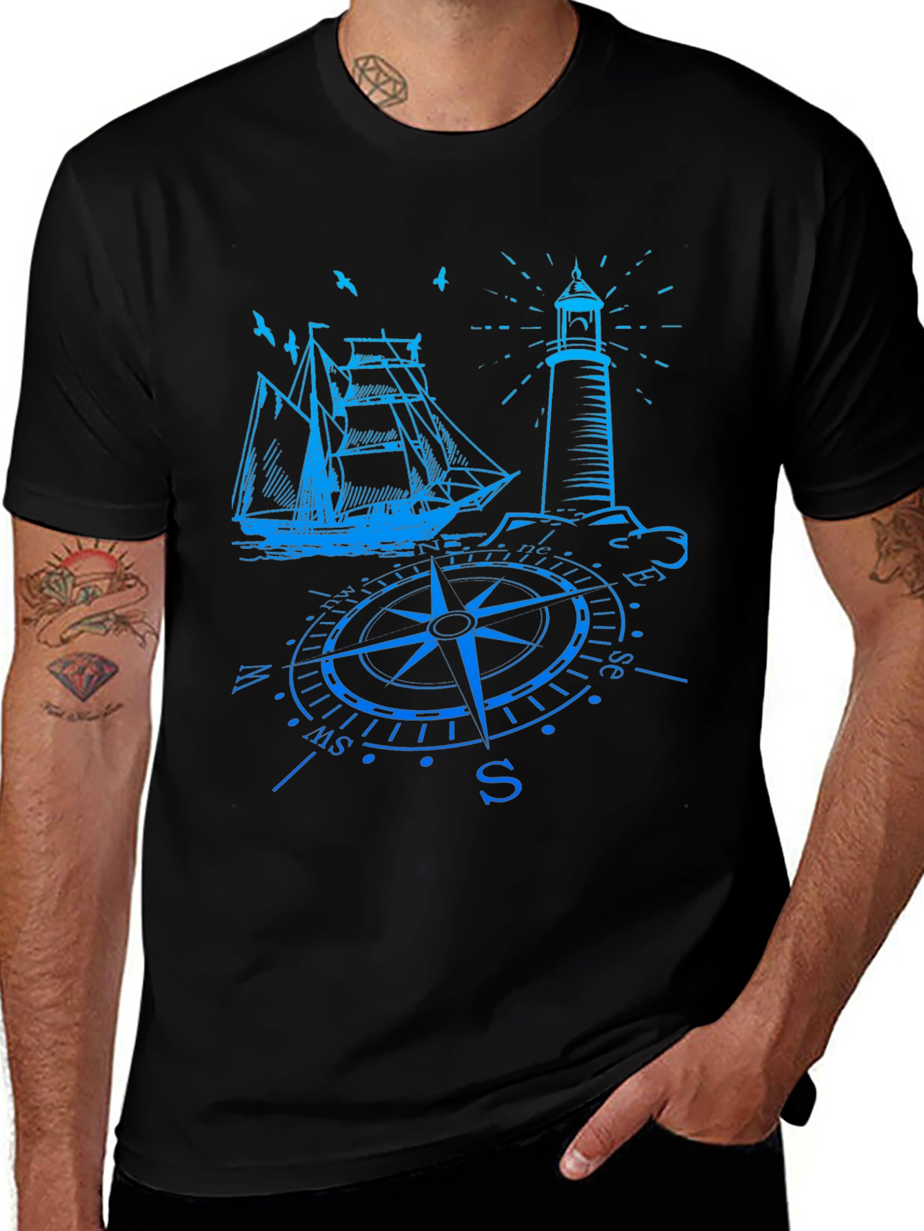 Variant 21 of Nautical Compass, Ship & Lighthouse Graphic T-Shirt