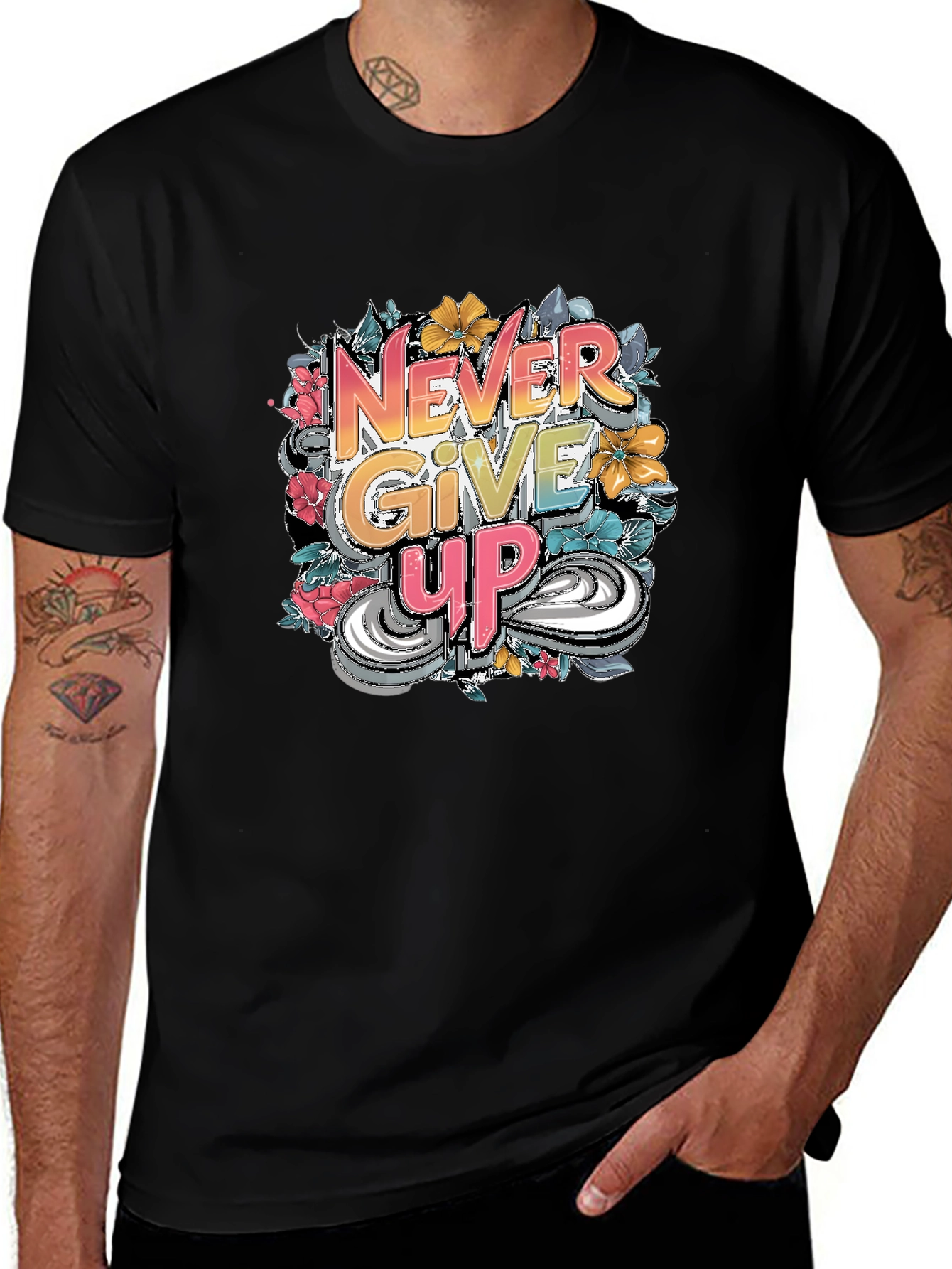 Variant 10 of Never Give Up Graphic Tee - Inspirational Black T-Shirt
