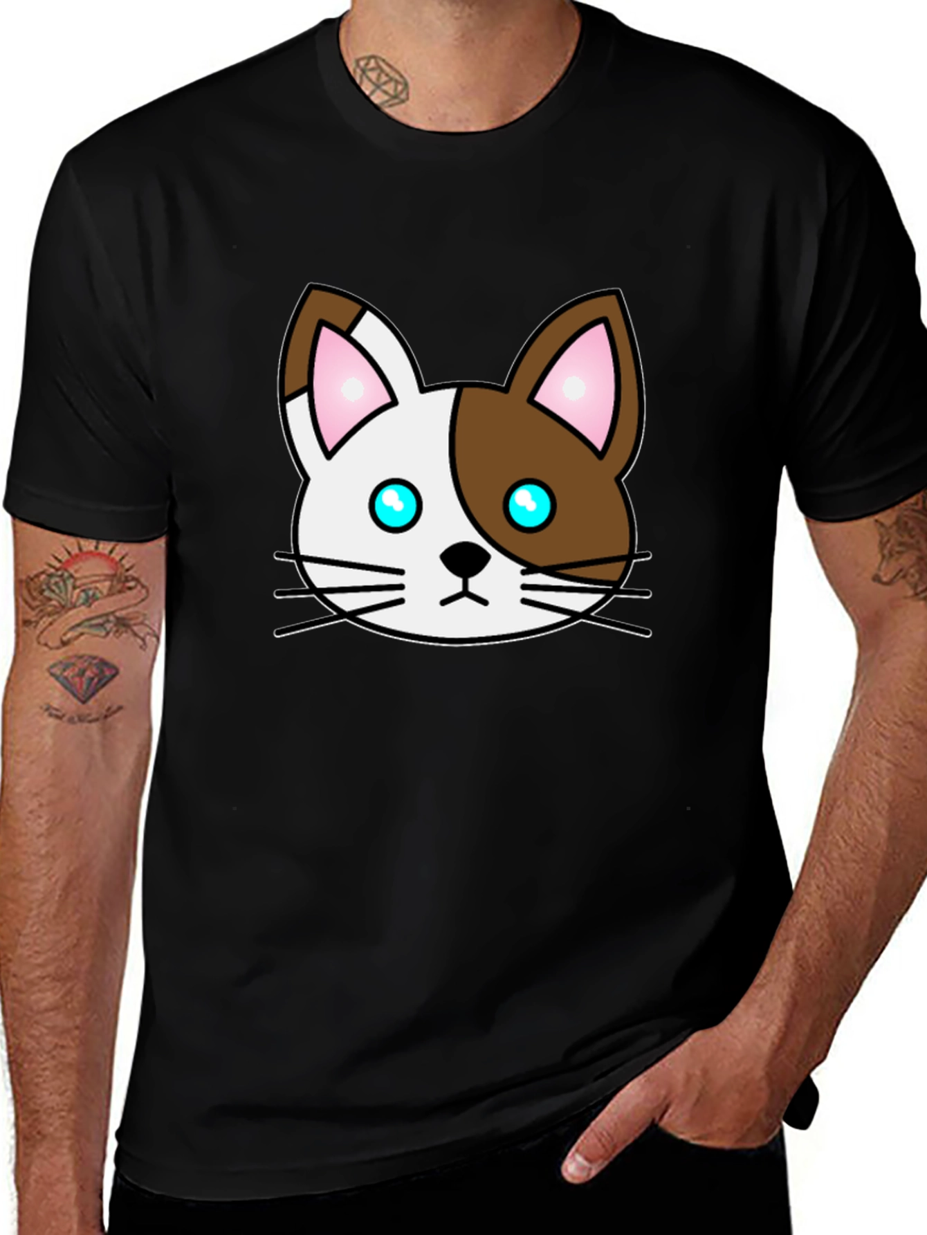 Cartoon Cat Face Graphic T-Shirt - Unisex Black Tee