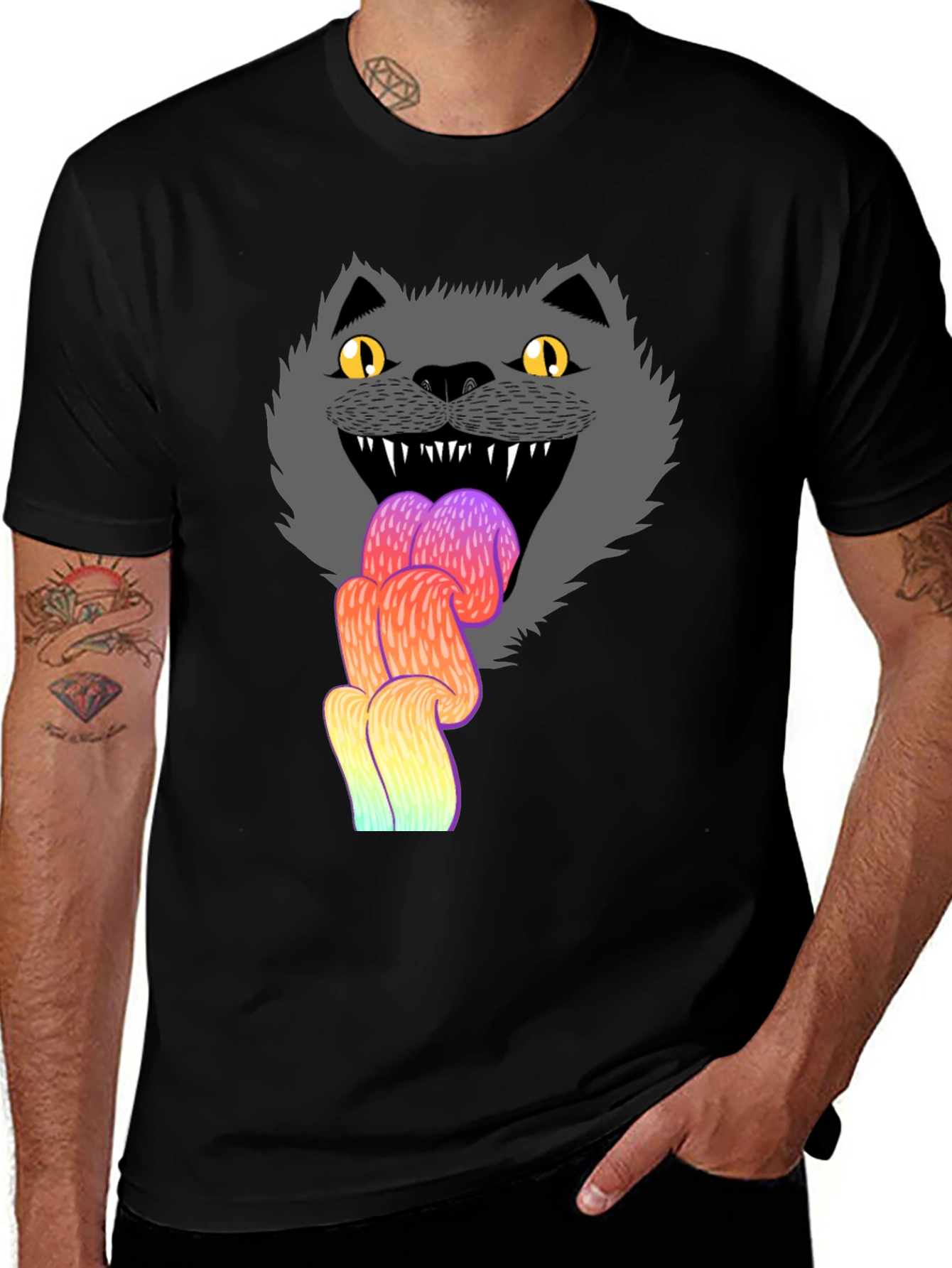 Variant 21 of Crazy Cat Tongue T-Shirt - Men's Black Graphic Tee