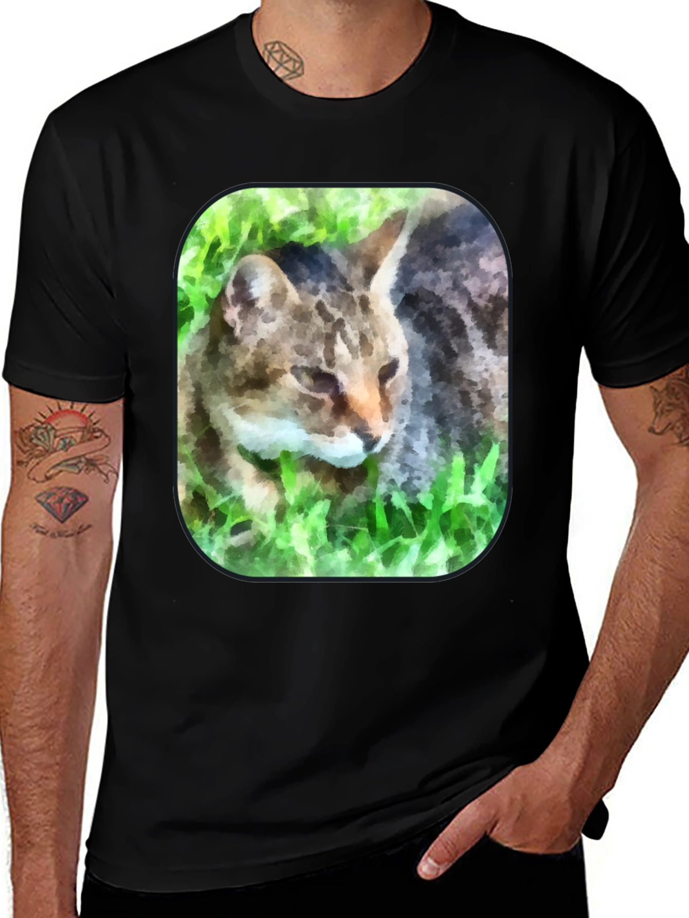 Variant 3 of Cat in Grass Graphic Tee - Men's Black T-Shirt