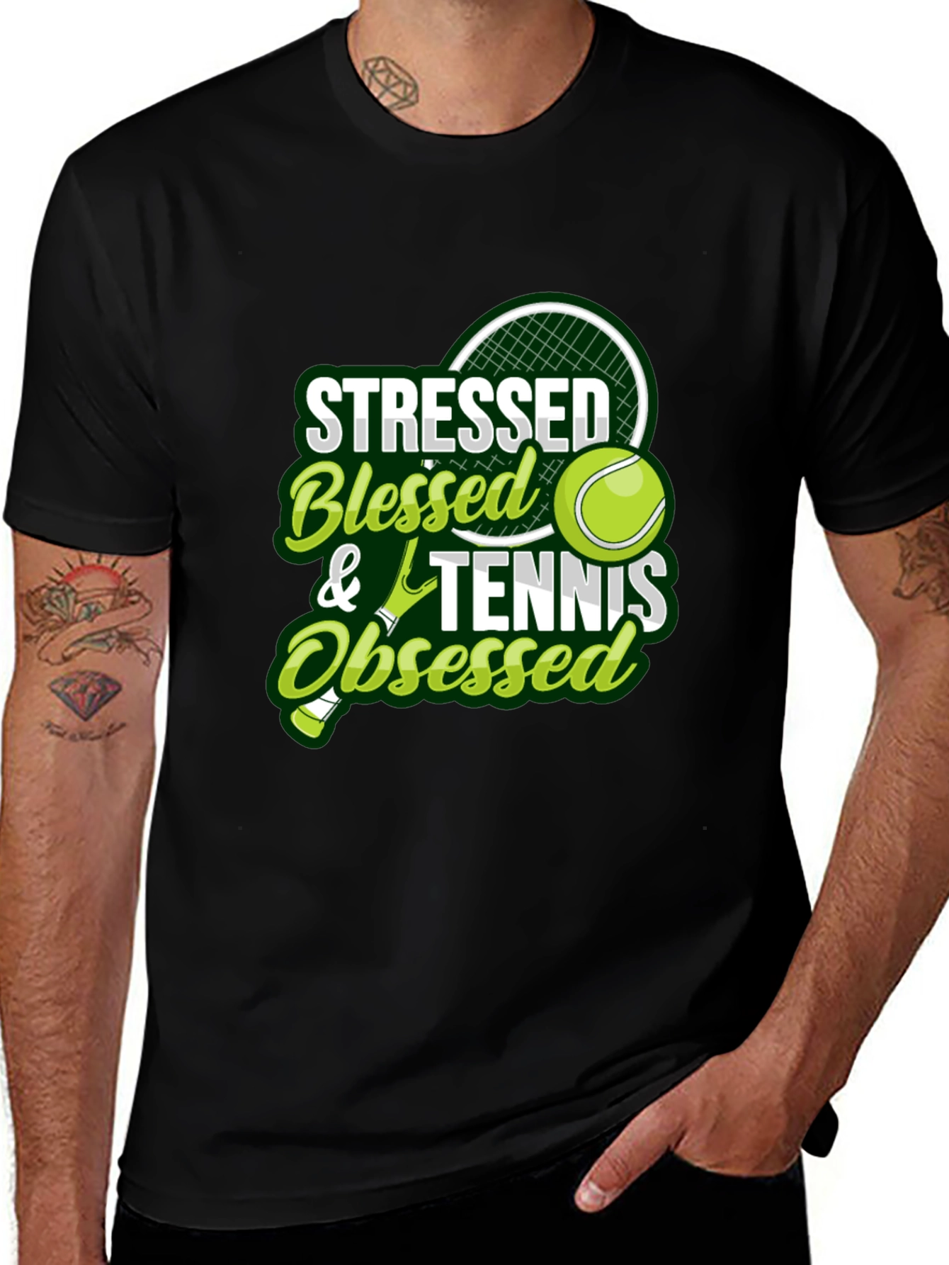 Variant 10 of Stressed Blessed Tennis Obsessed Black T-Shirt