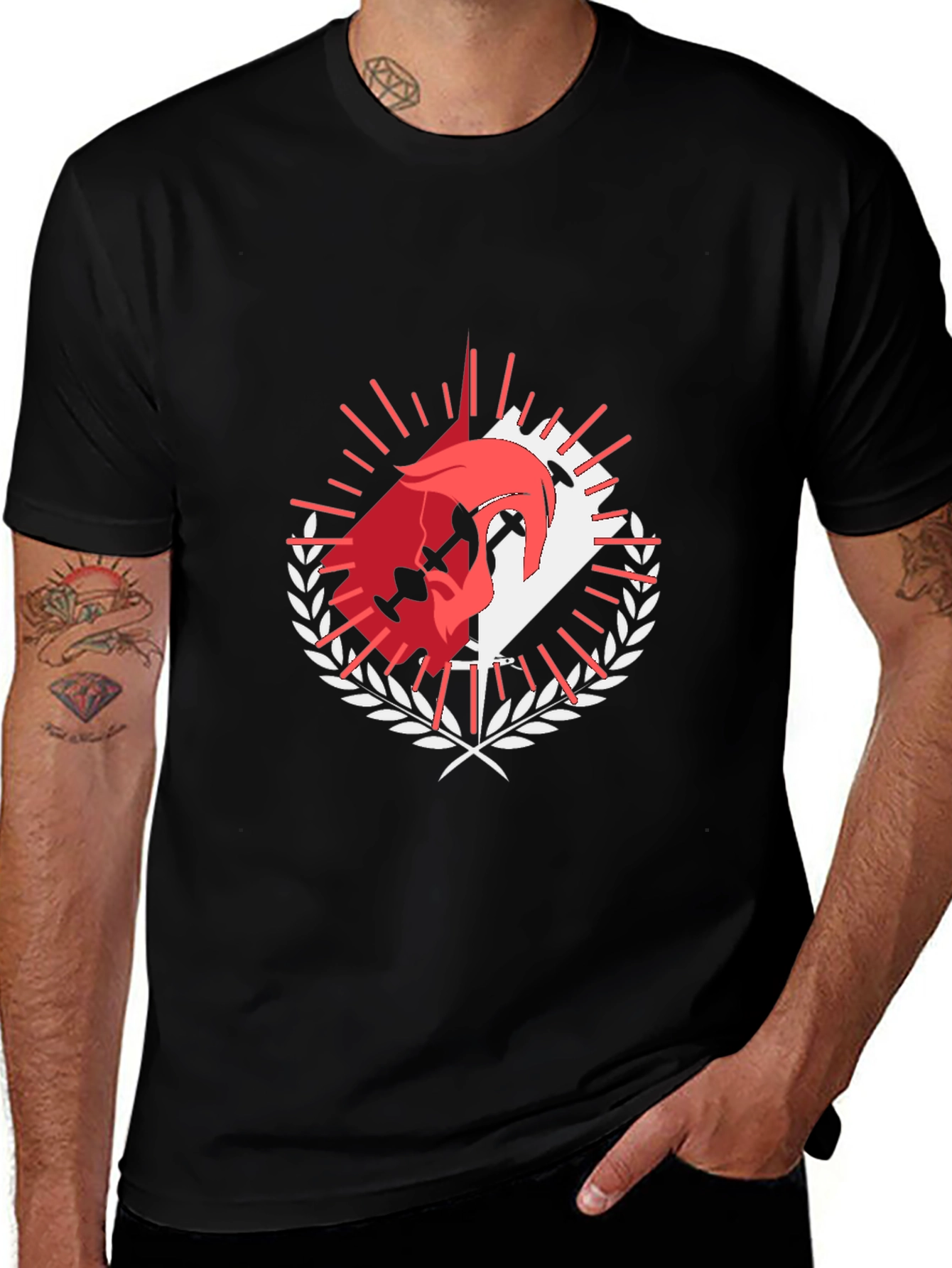 Black Graphic Tee: Dueling Swords & Laurel Wreath Design main image