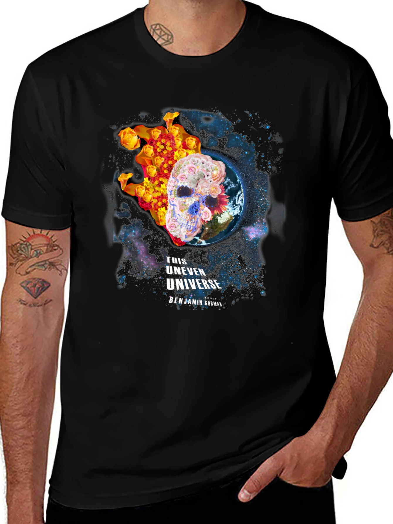 Variant 21 of Floral Skull Universe Graphic T-Shirt - Black