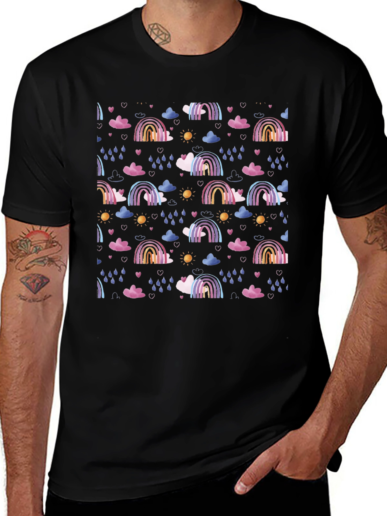 Variant 27 of Rainbow Cloud Pattern Black T-Shirt