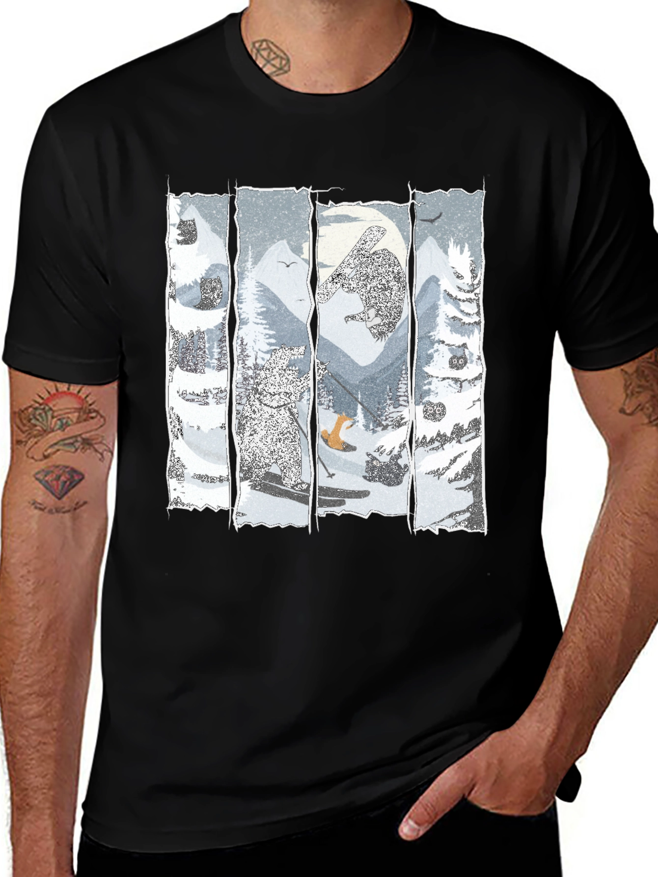 Winter Wildlife Scene Graphic Tee - Black