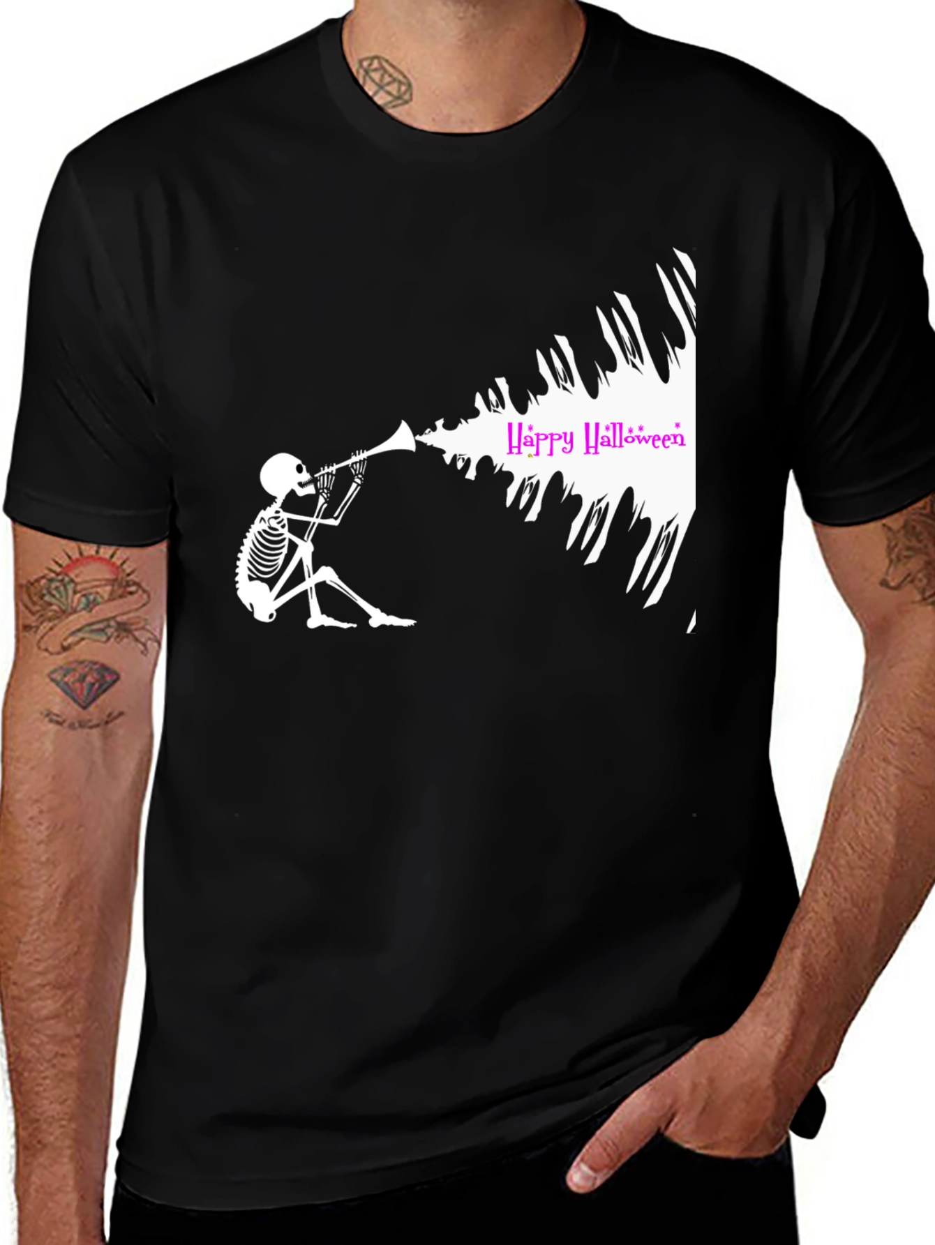 Halloween Skeleton Trumpet Black T-Shirt
