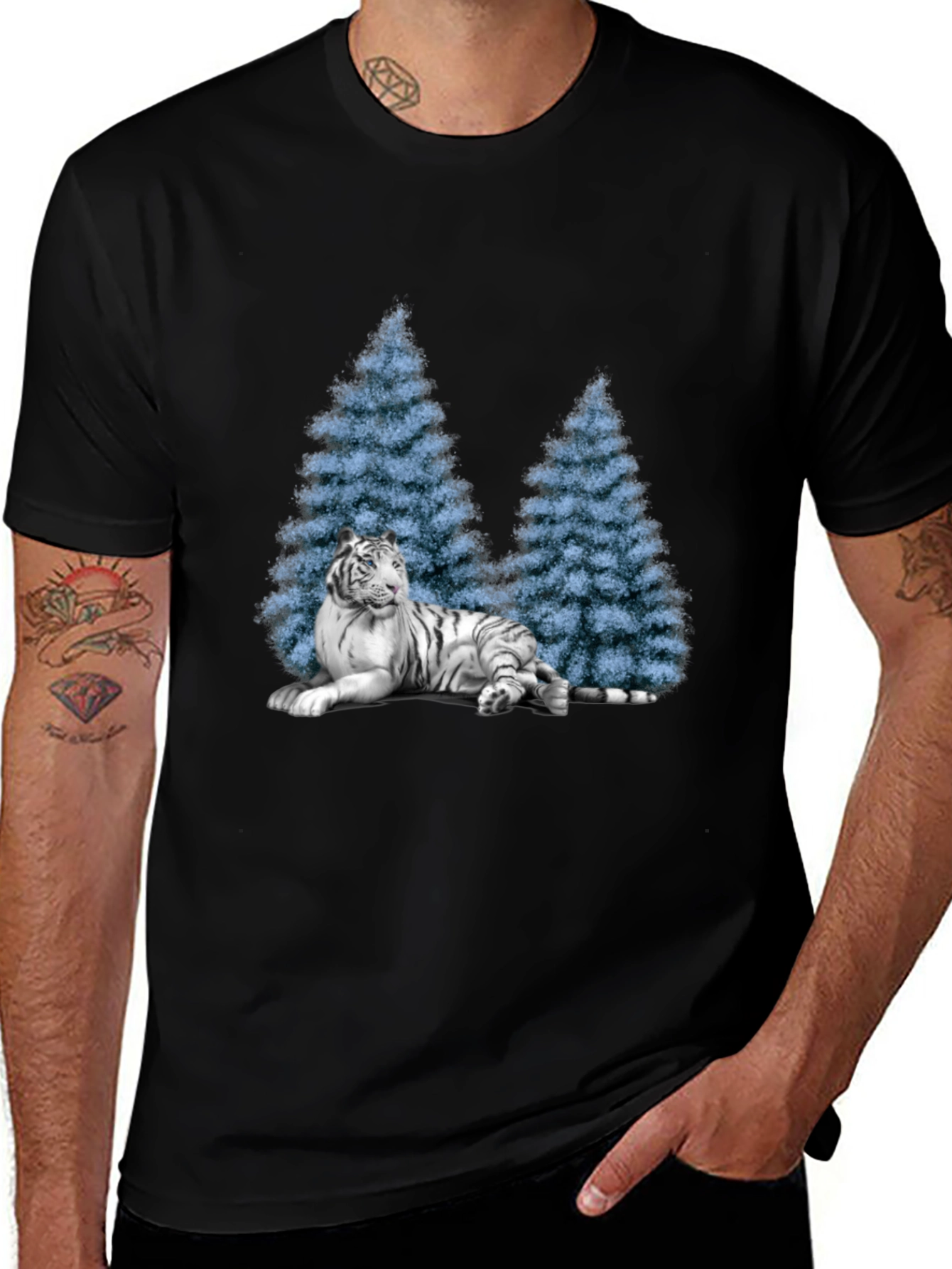White Tiger & Evergreen Trees Graphic T-Shirt