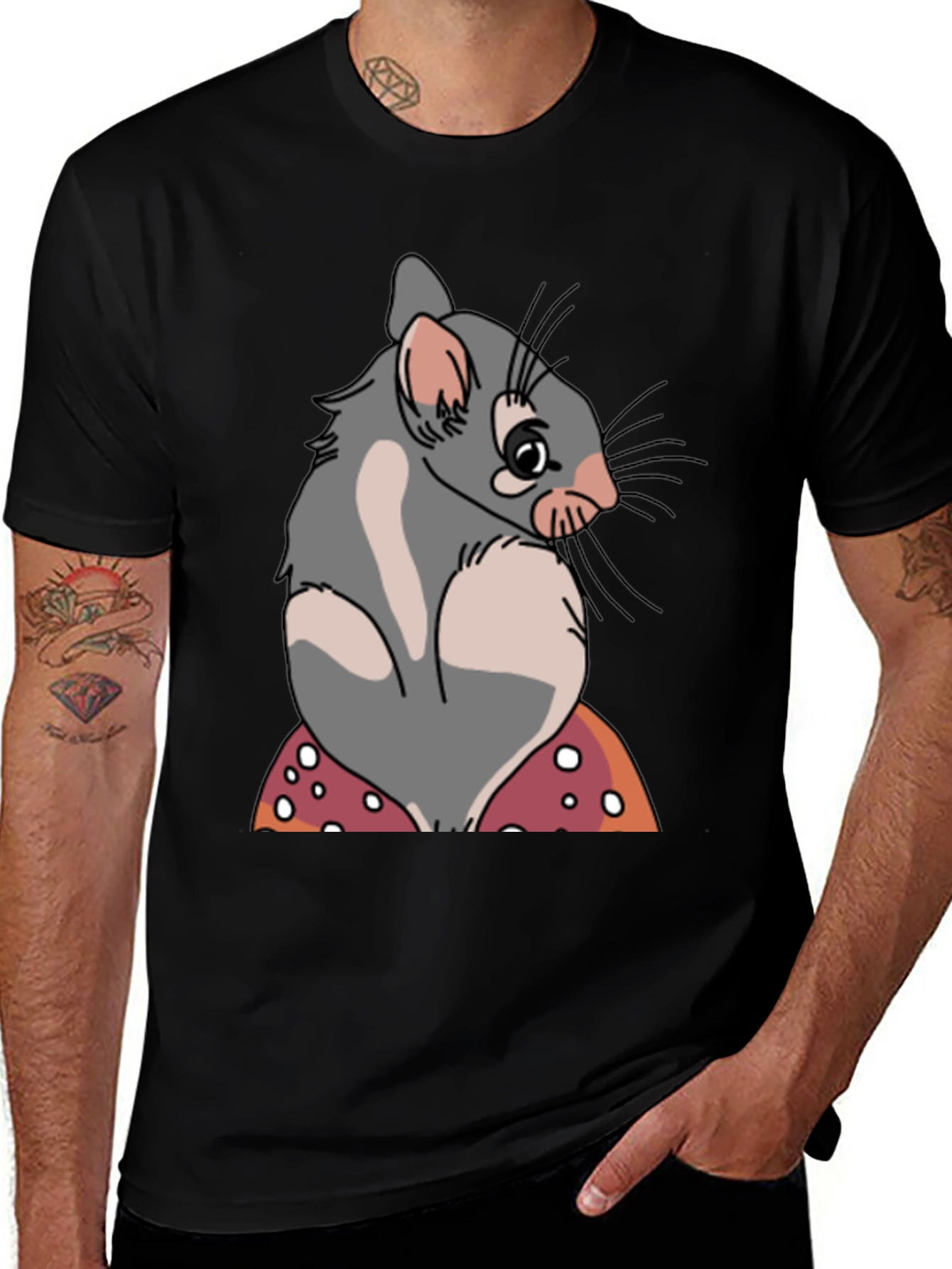 Variant 14 of Cute Opossum Mushroom Graphic Tee - Black Cotton T-Shirt