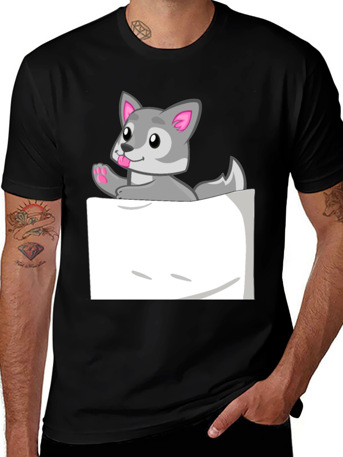 Variant 8 of Cute Wolf Pocket Graphic Tee - Fun Animal Design!