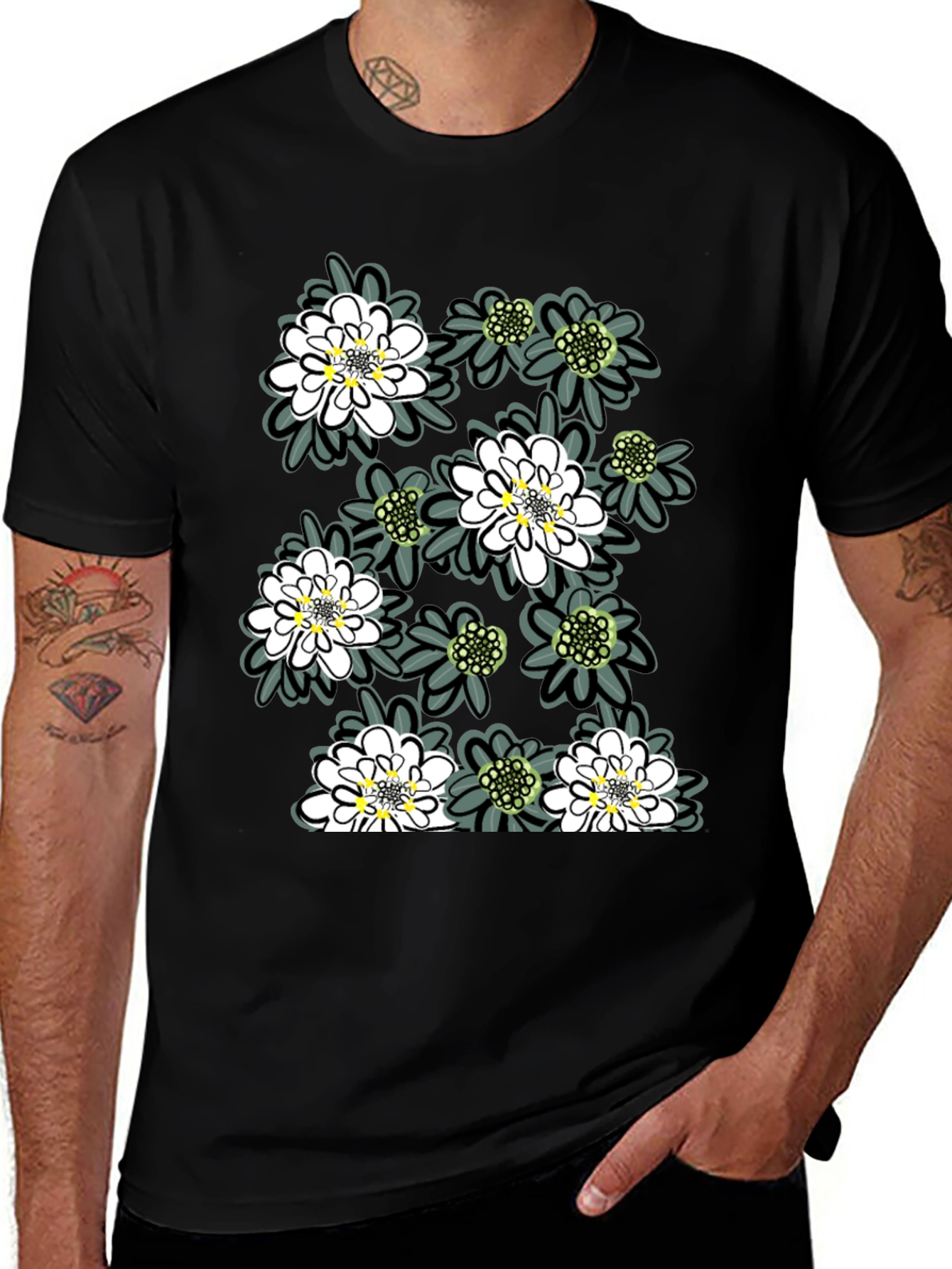 Variant 23 of Floral Print Tee - Trendy Black Cotton T-Shirt