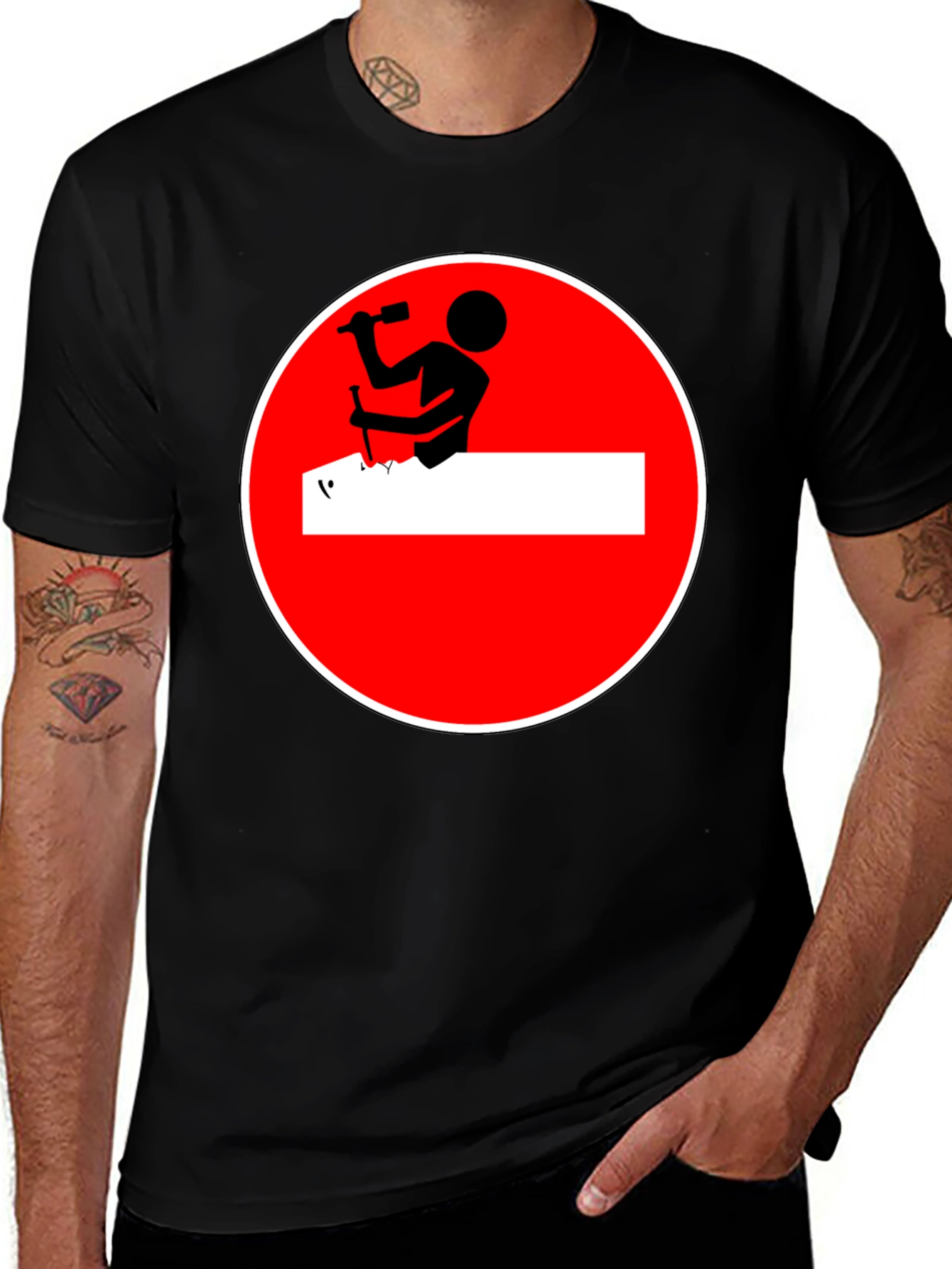 Variant 4 of Construction Worker Graphic Tee - Black Crew Neck T-Shirt