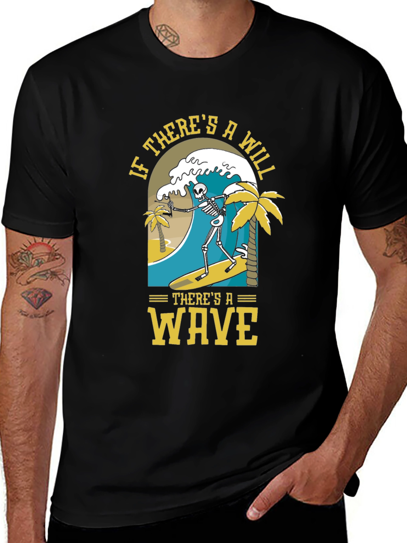 Variant 16 of Surfing Skeleton Graphic Tee - "If There's A Will, There's A Wave"