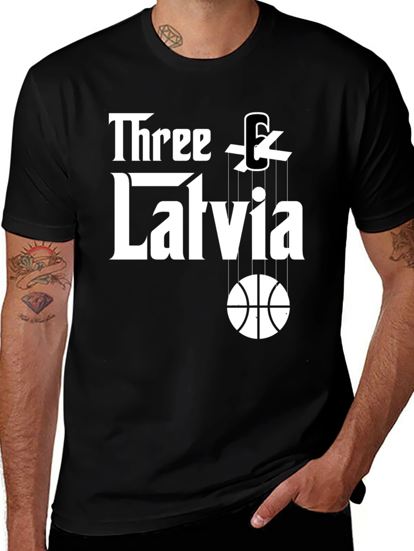 Variant 20 of Three & Latvia Basketball Godfather-Style T-Shirt
