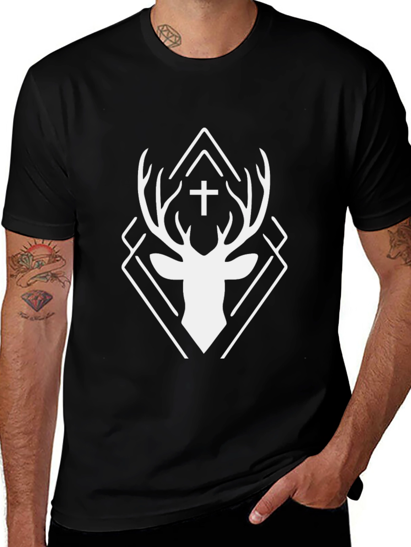 Variant 23 of Geometric Deer Cross Graphic Black T-Shirt
