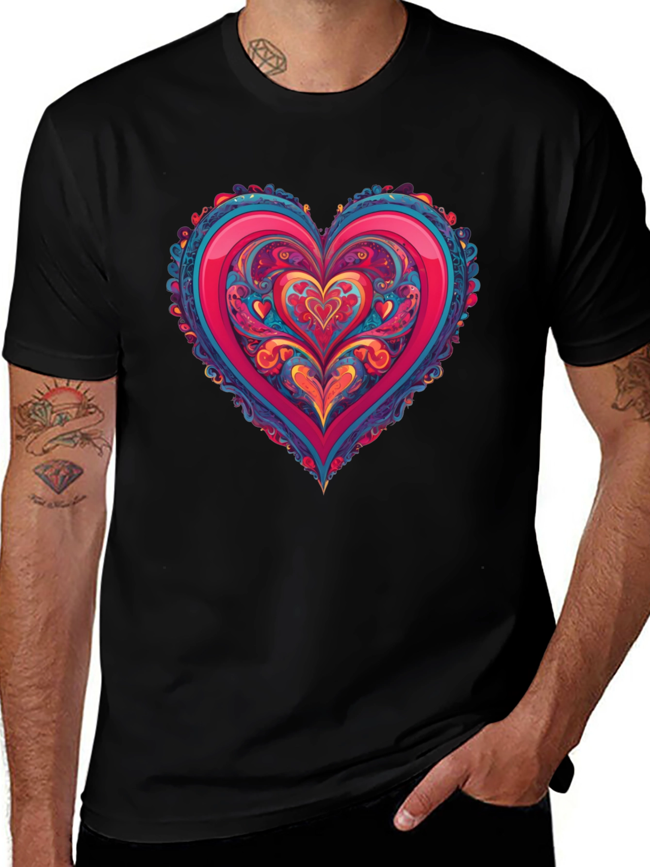 Variant 28 of Vibrant Heart Graphic Tee - Black Cotton Blend