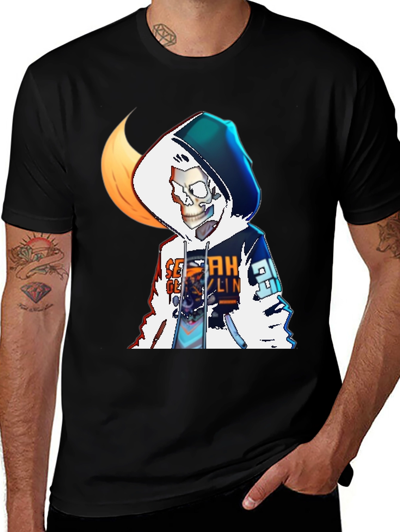 Graphic Print T-Shirt: Skeleton in Hoodie Design