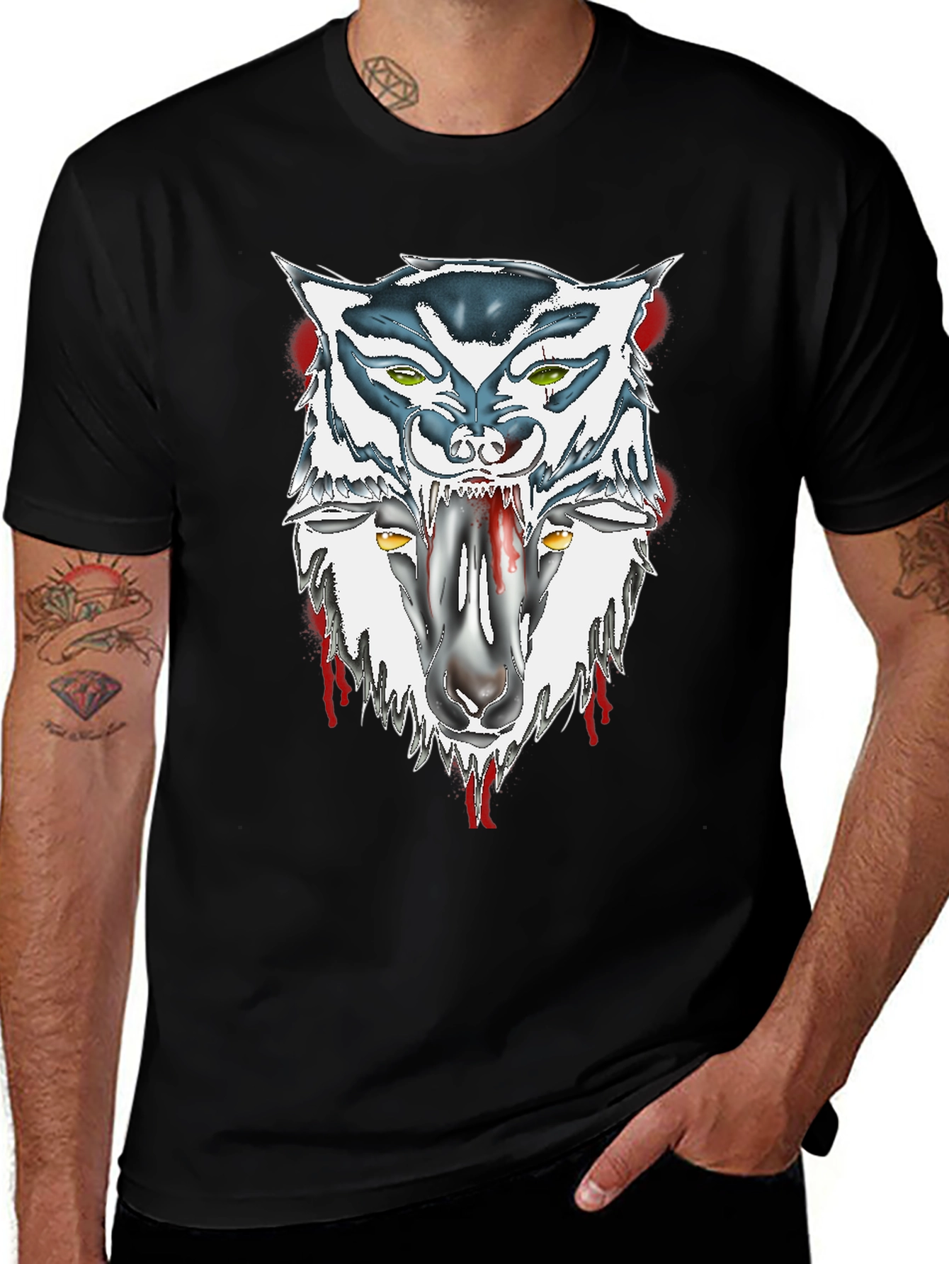 Black Wolf and Sheep Graphic Black T-Shirt main image