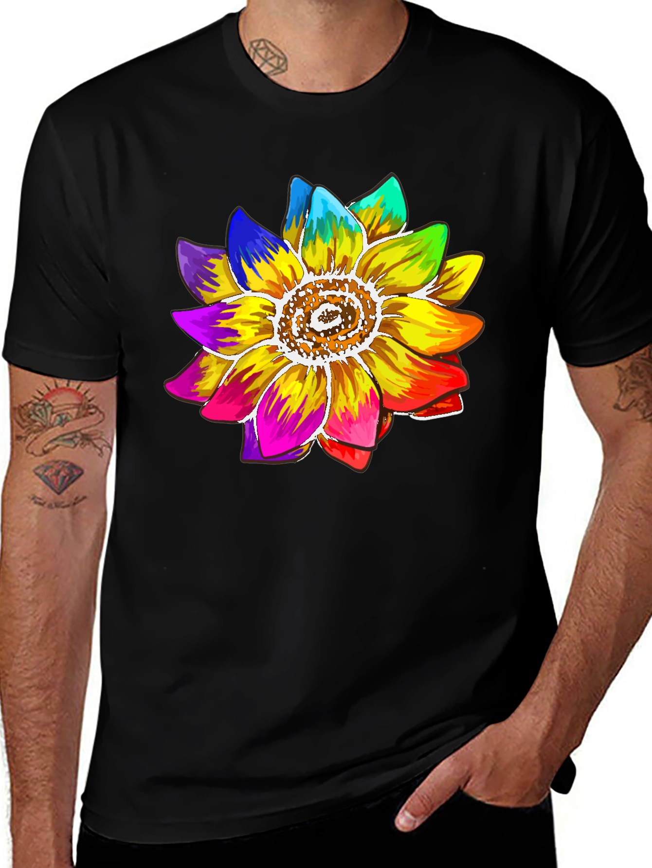 Variant 16 of Rainbow Sunflower Graphic Tee - Black Cotton Blend Shirt