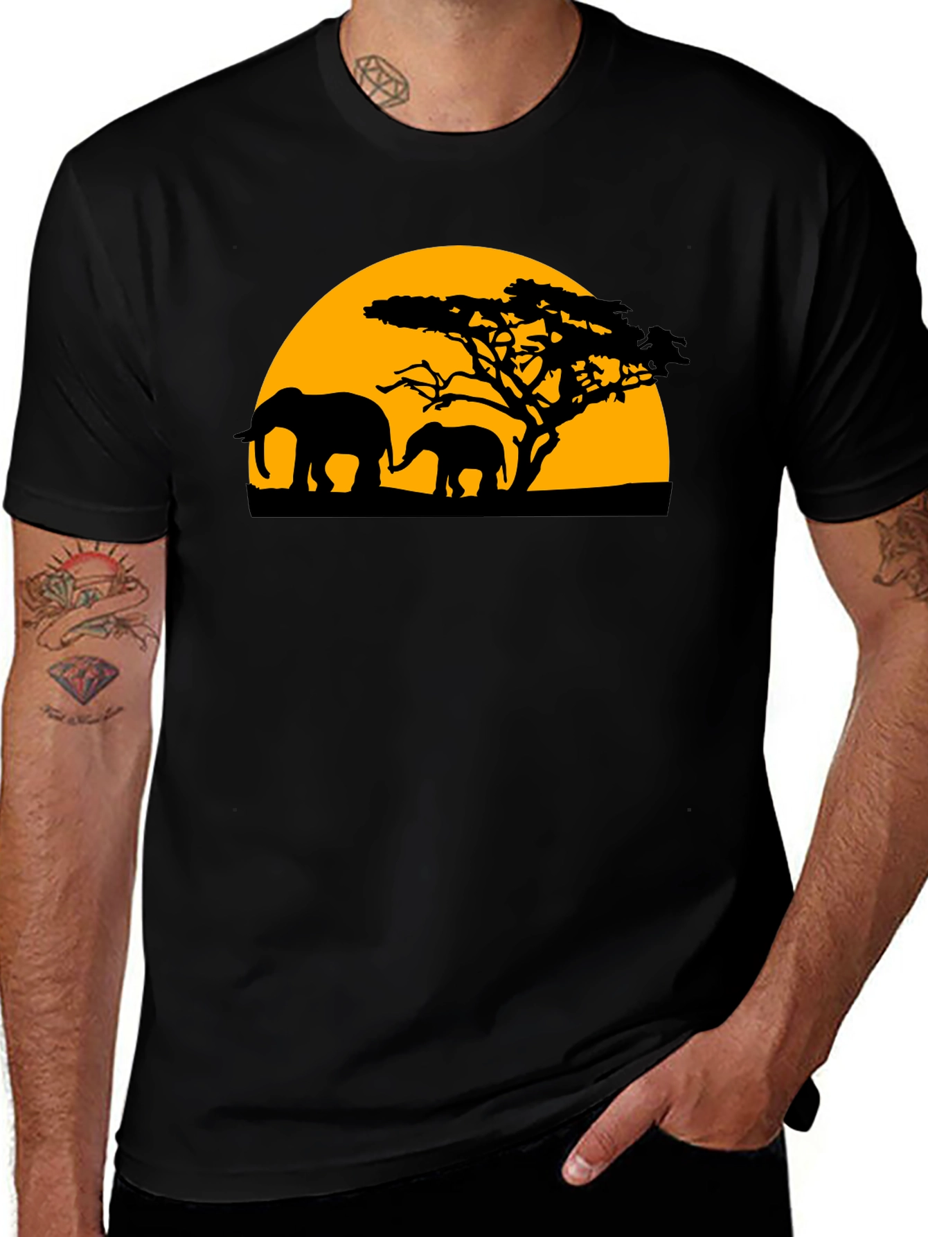 Black Elephant Sunset Graphic Tee - Black Cotton T-Shirt main image