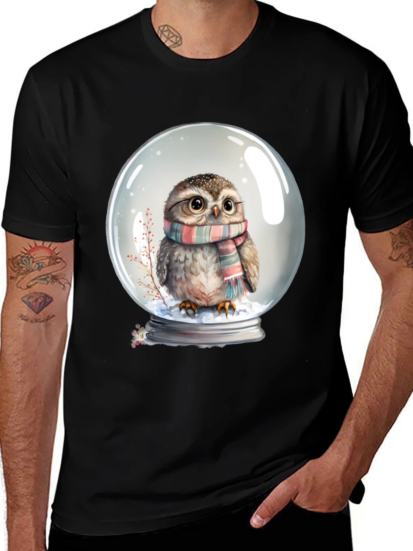 Variant 7 of Snow Globe Owl Graphic Tee - Cute Winter T-Shirt