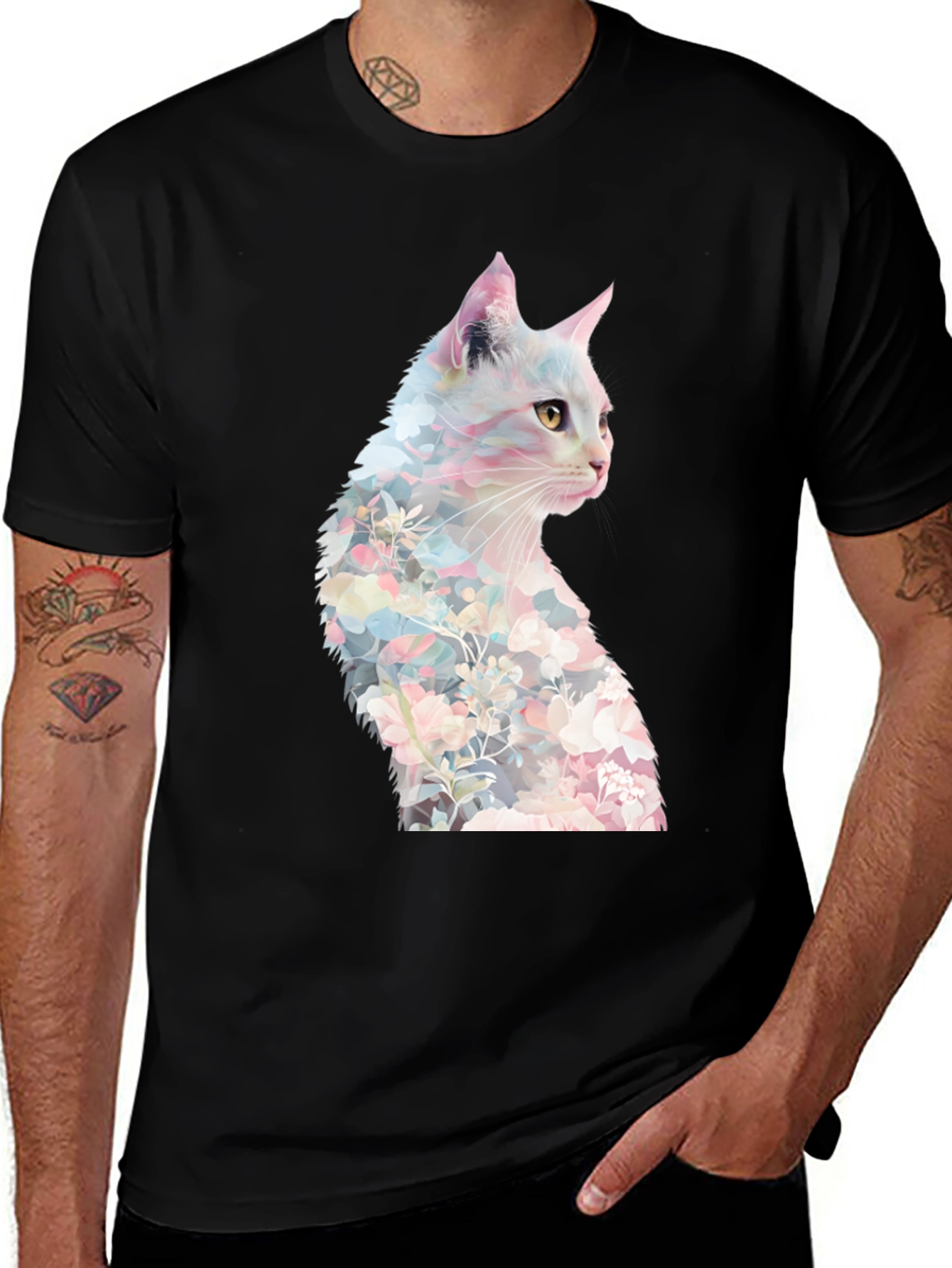 Variant 7 of Floral Cat Graphic Tee - Stylish Men's Black T-Shirt
