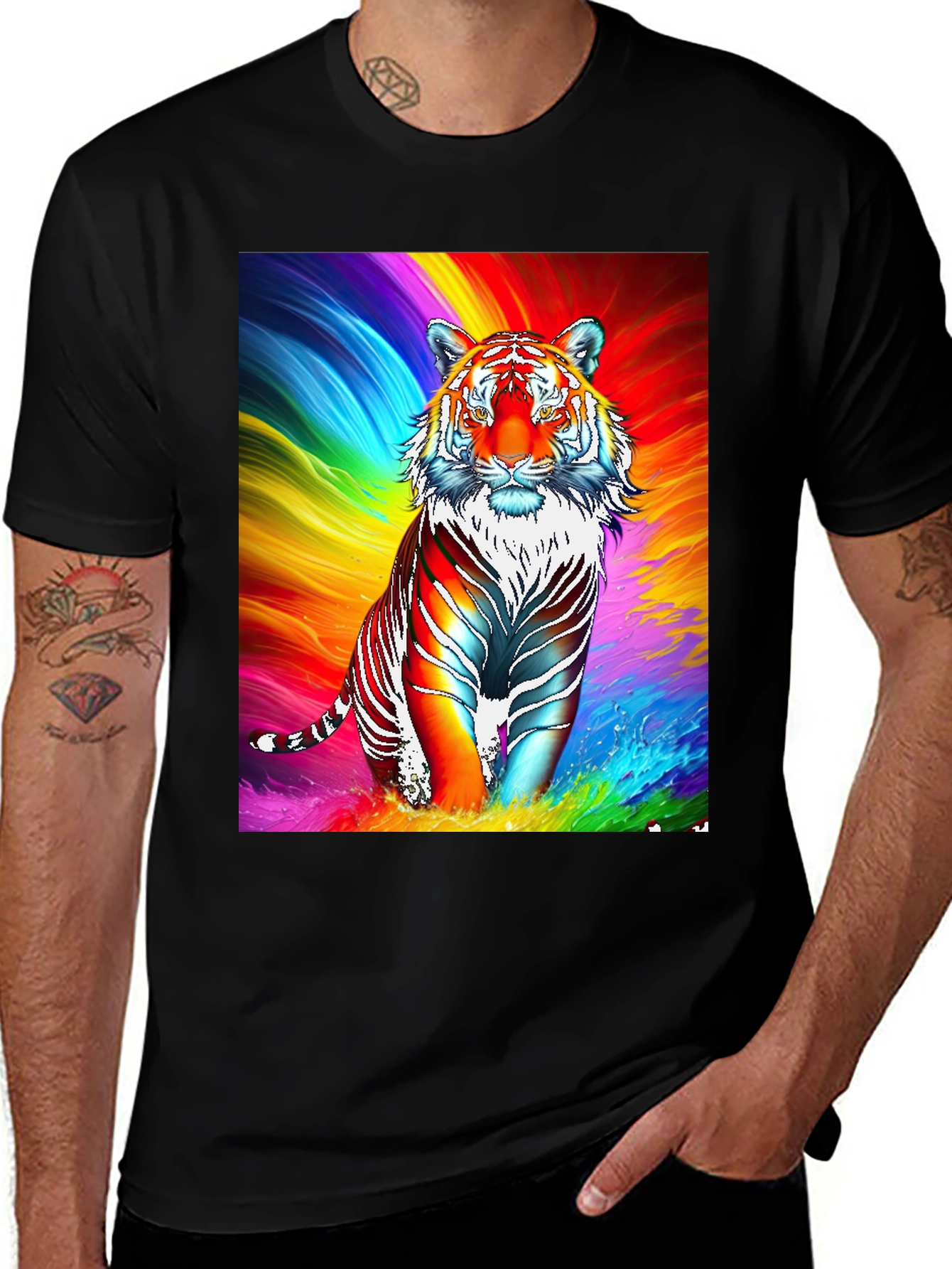 Variant 21 of Rainbow Tiger Graphic Tee - Men's Black T-Shirt