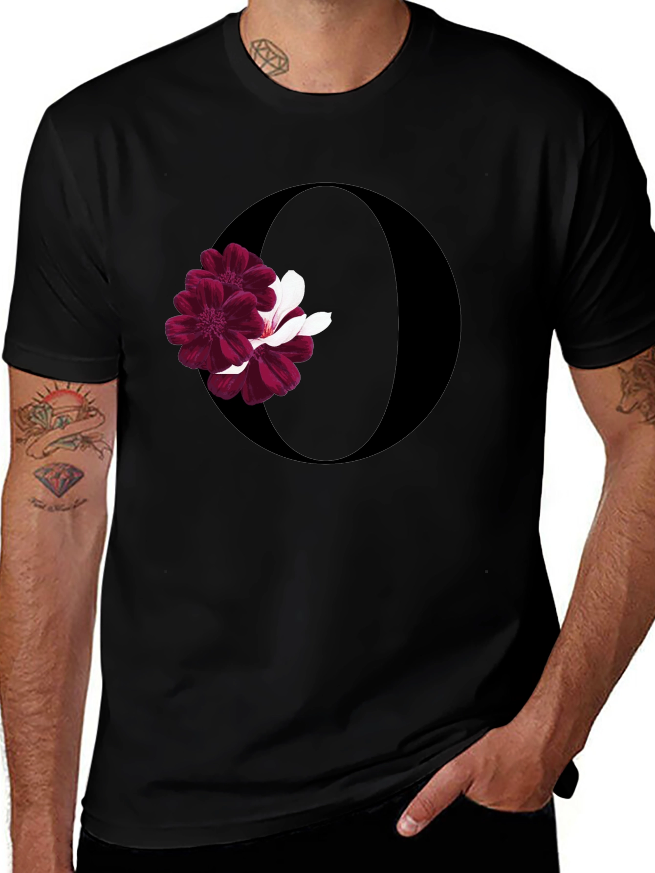 Floral Letter 'O' Black Graphic Tee