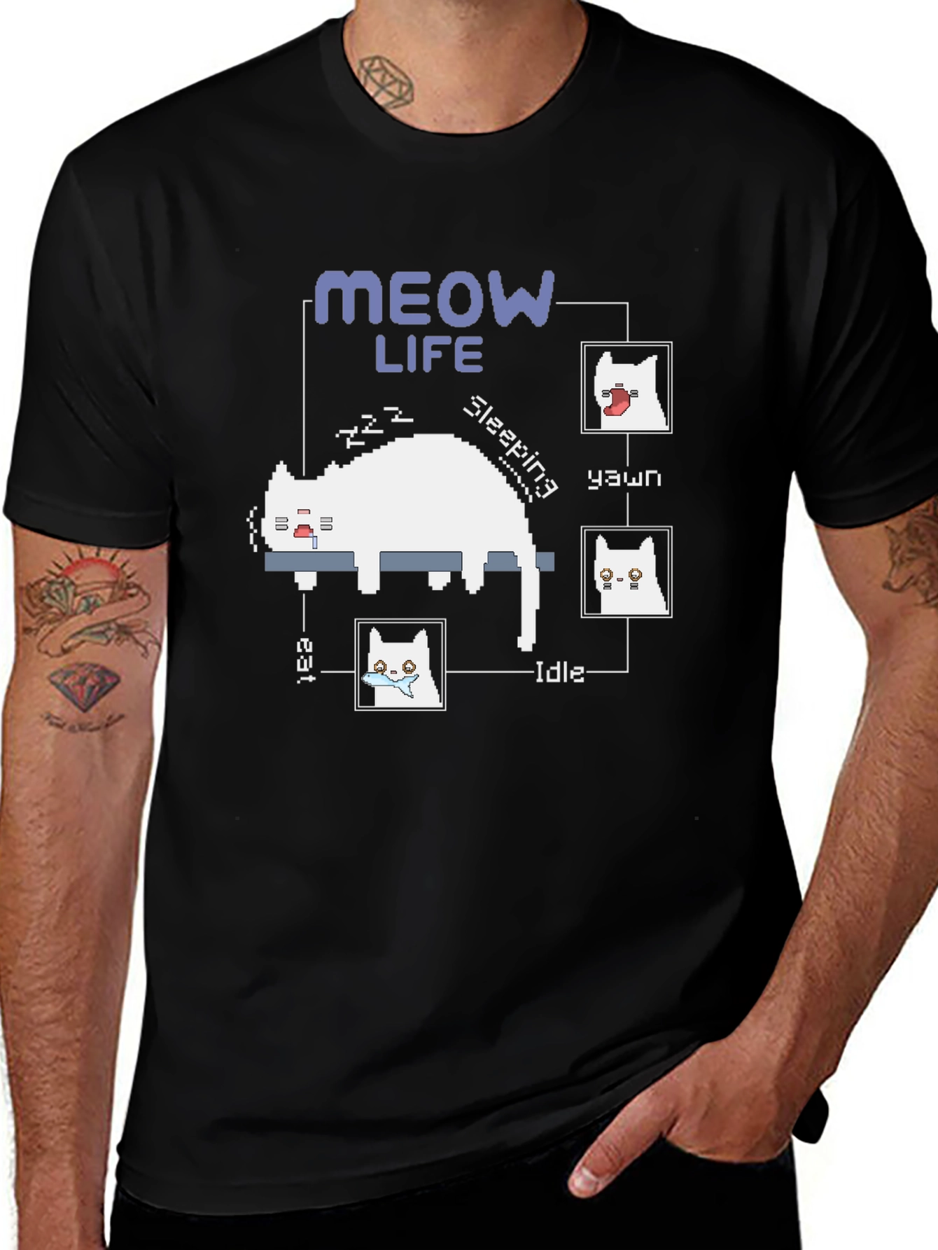 Variant 5 of Meow Life Black T-Shirt - Pixel Cat