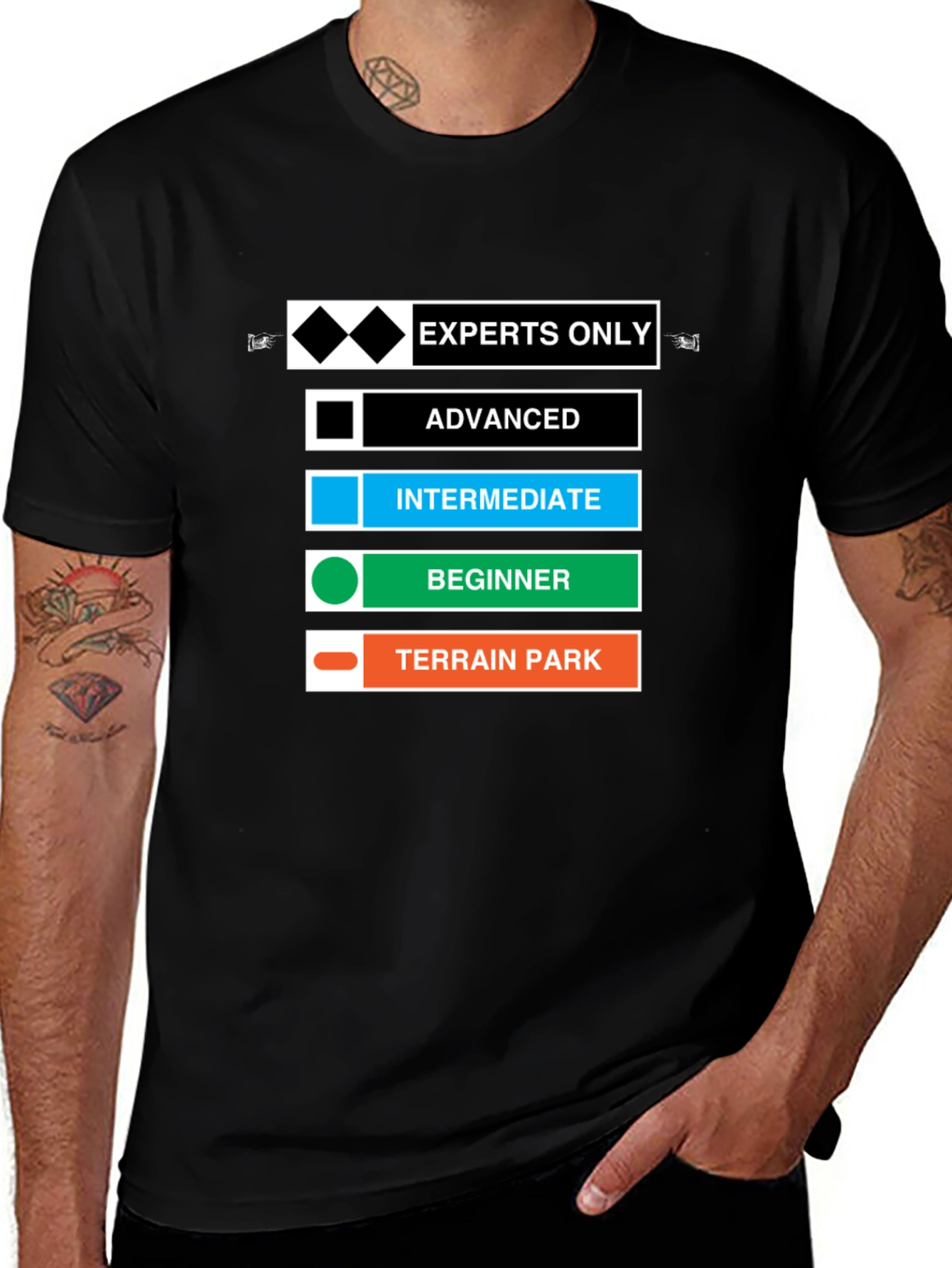 Variant 26 of Ski Slope Difficulty T-Shirt - Expert, Advanced, Beginner