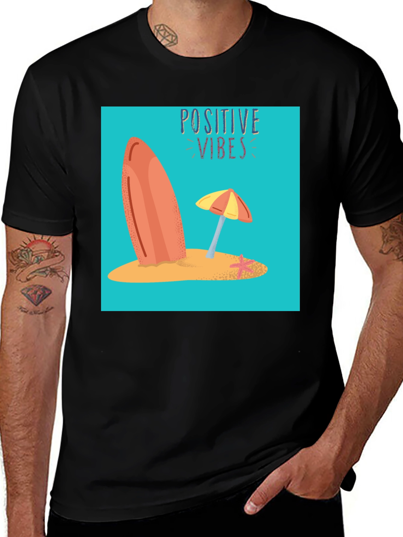 Variant 12 of Positive Vibes Graphic T-Shirt - Beach Surf Design