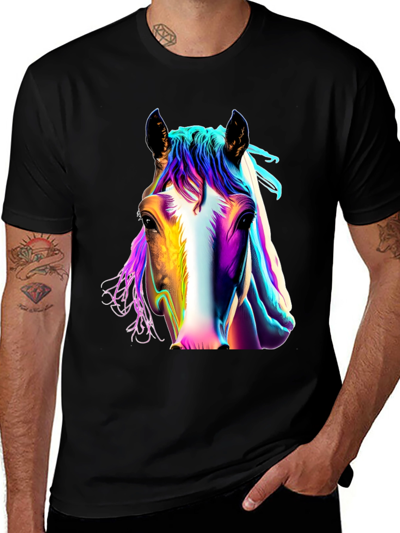 Colorful Horse Graphic Black T-Shirt