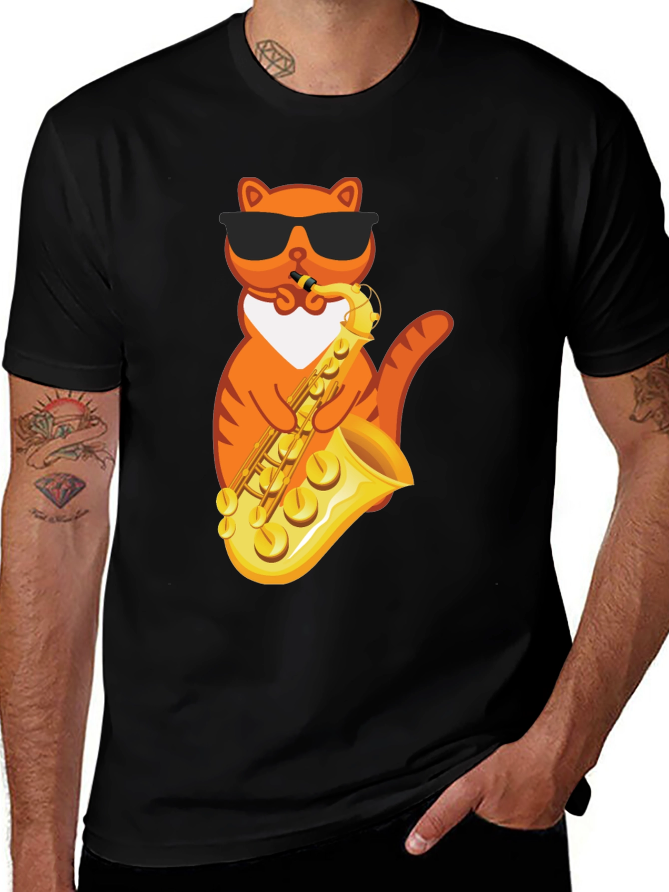 Variant 14 of Cool Cat Saxophone Graphic Tee - Black