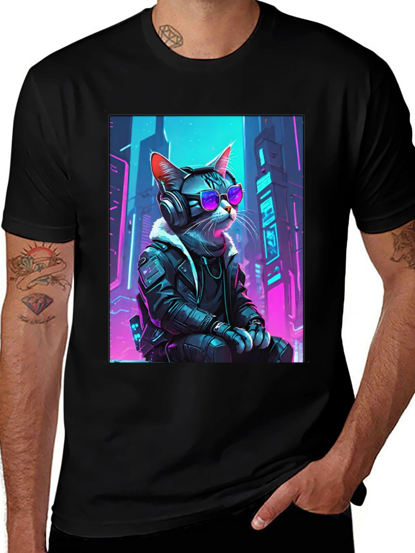 Variant 20 of Cyberpunk Cat T-Shirt - Cool Neon Design