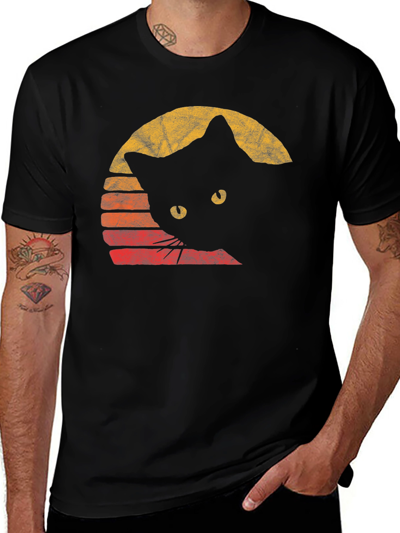 Variant 13 of Retro Cat Graphic Tee - Black Cotton Comfort