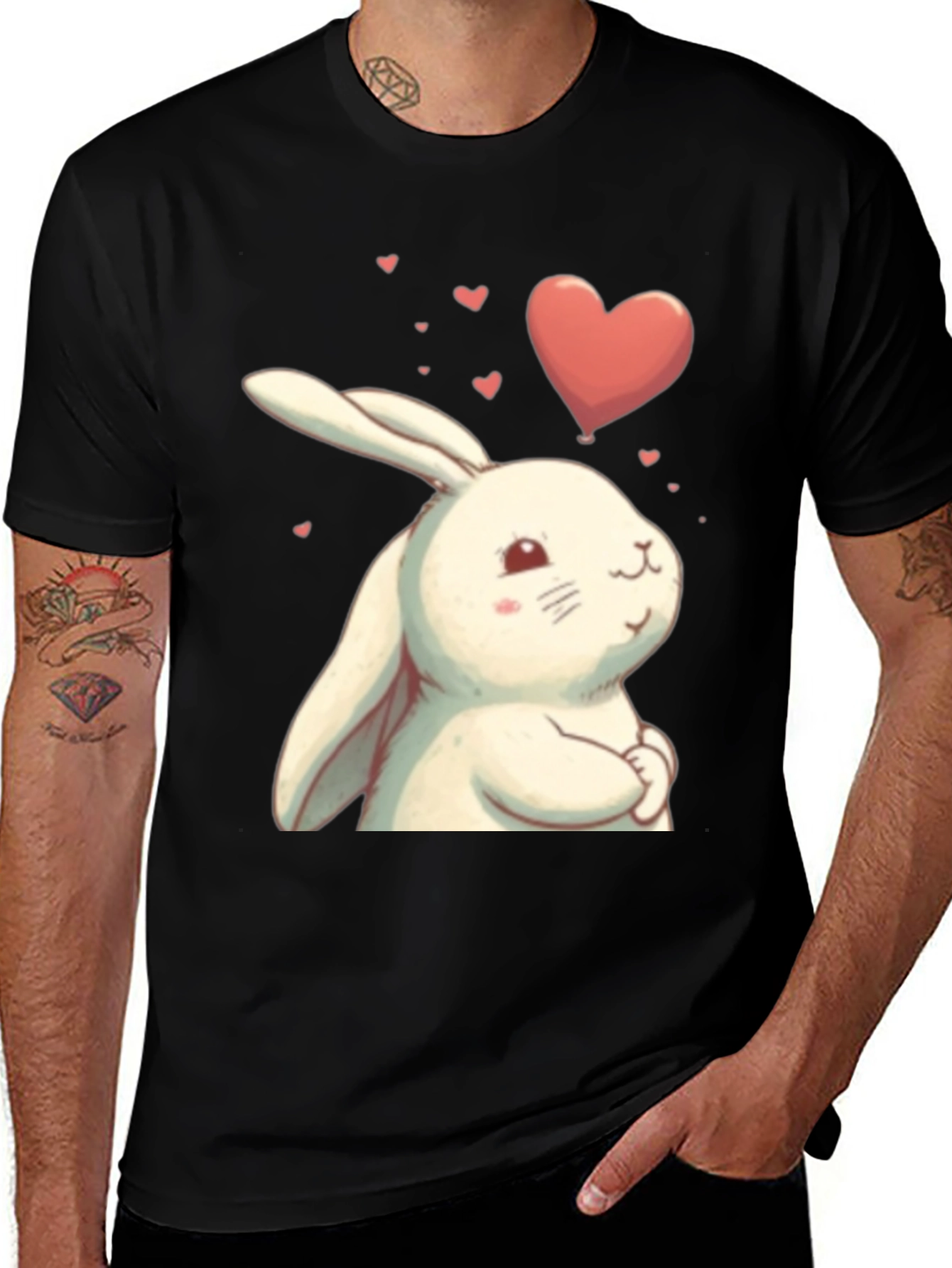 Variant 30 of Cute Bunny Heart Graphic Black T-Shirt