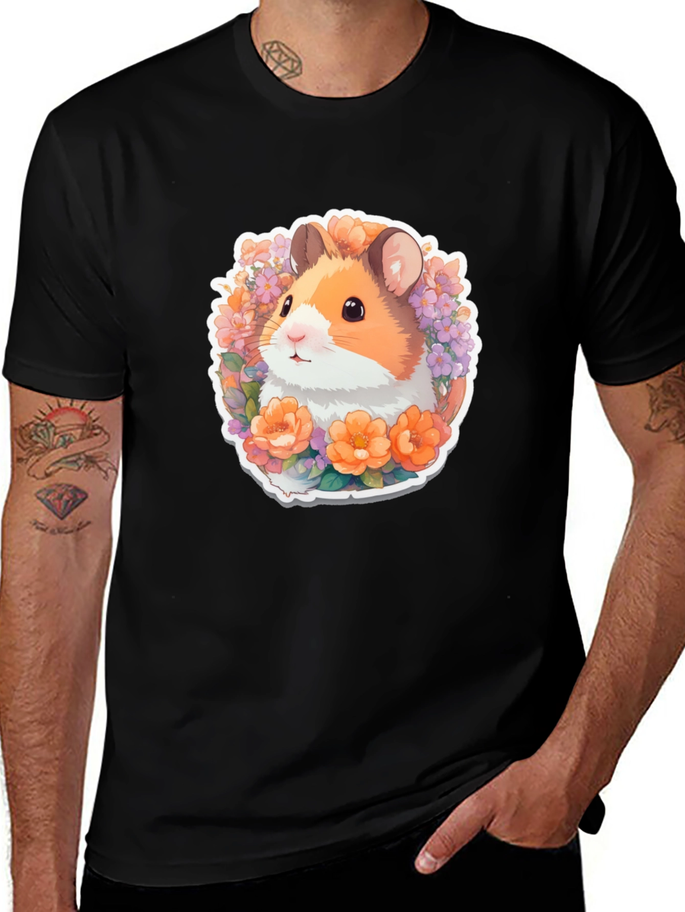 Variant 29 of Cute Hamster Floral Graphic Tee - Black