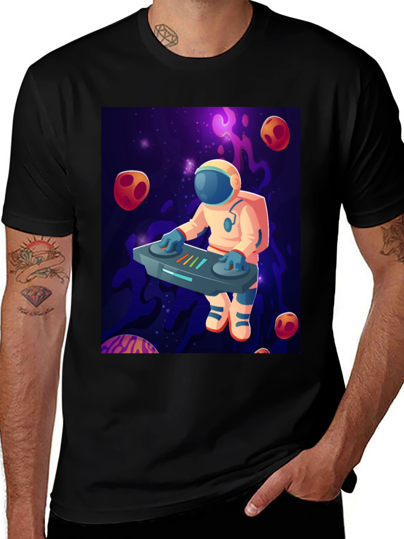 Black Astronaut DJ Graphic T-Shirt - Space Music Lover Tee main image