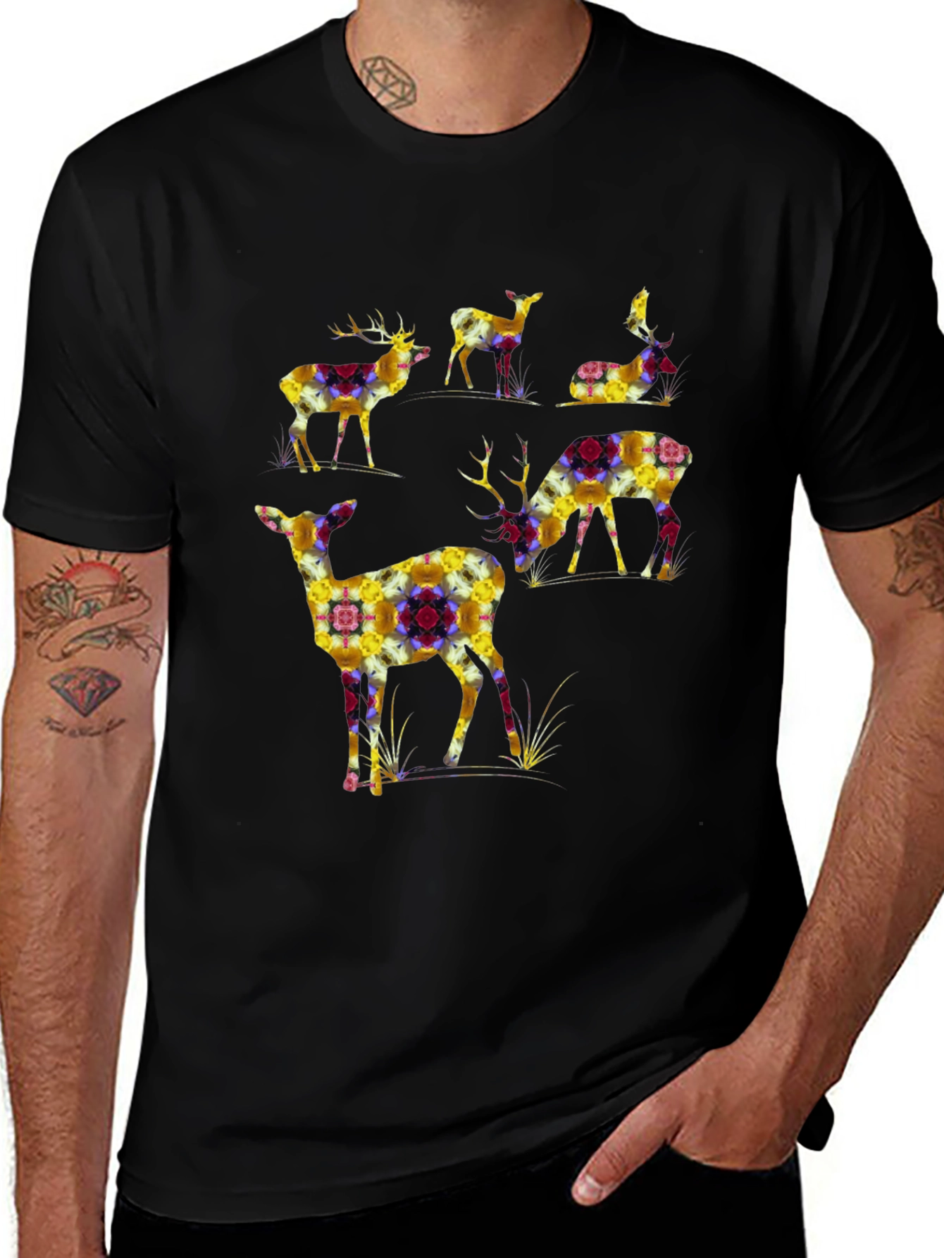 Variant 13 of Floral Deer Print Men's Black Tee