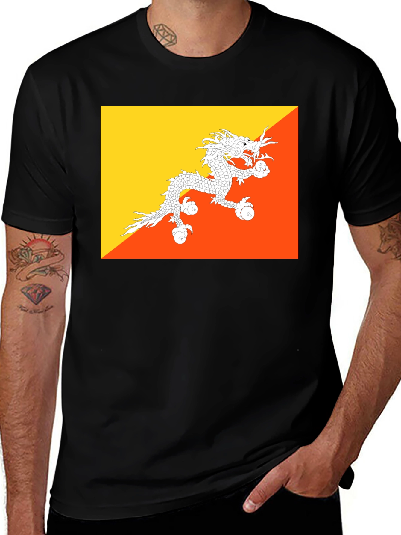 Variant 16 of Bhutan Flag T-Shirt - Dragon Graphic Tee