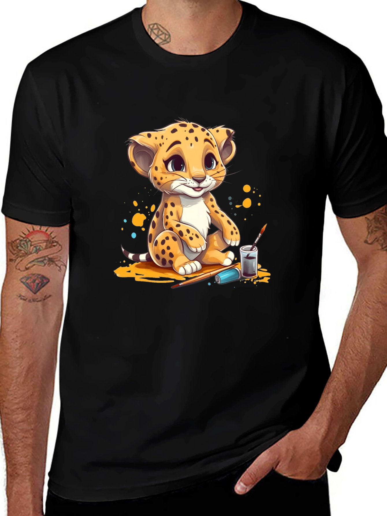 Cute Cheetah Cub Artist Black T-Shirt