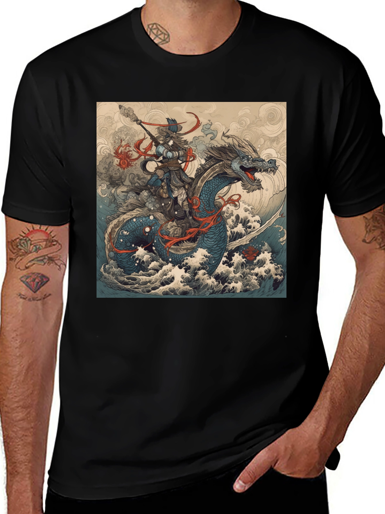 Variant 18 of Mythical Dragon Rider Graphic Tee - Black Cotton