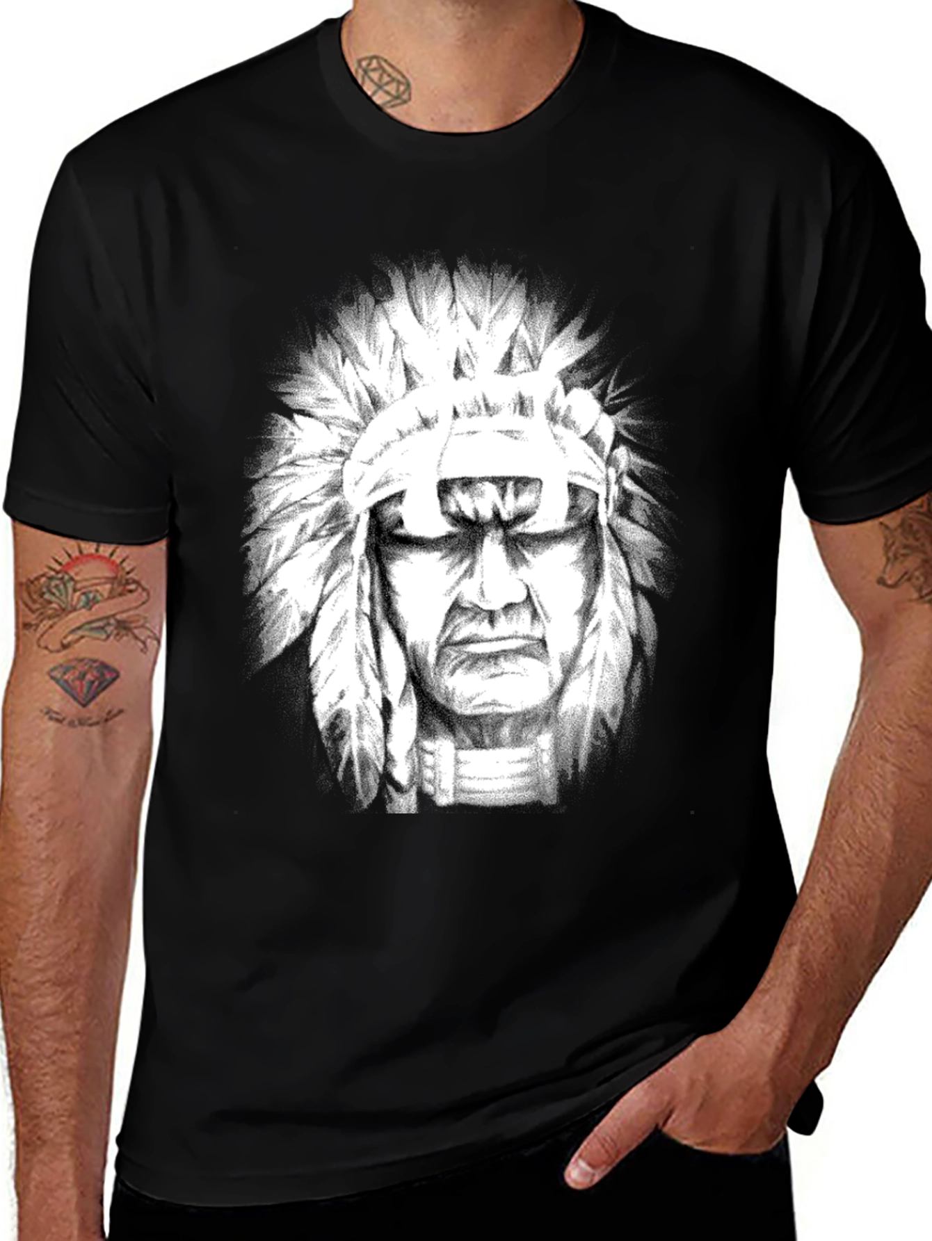 Variant 26 of Native American Chief T-Shirt - Black Cotton Tee