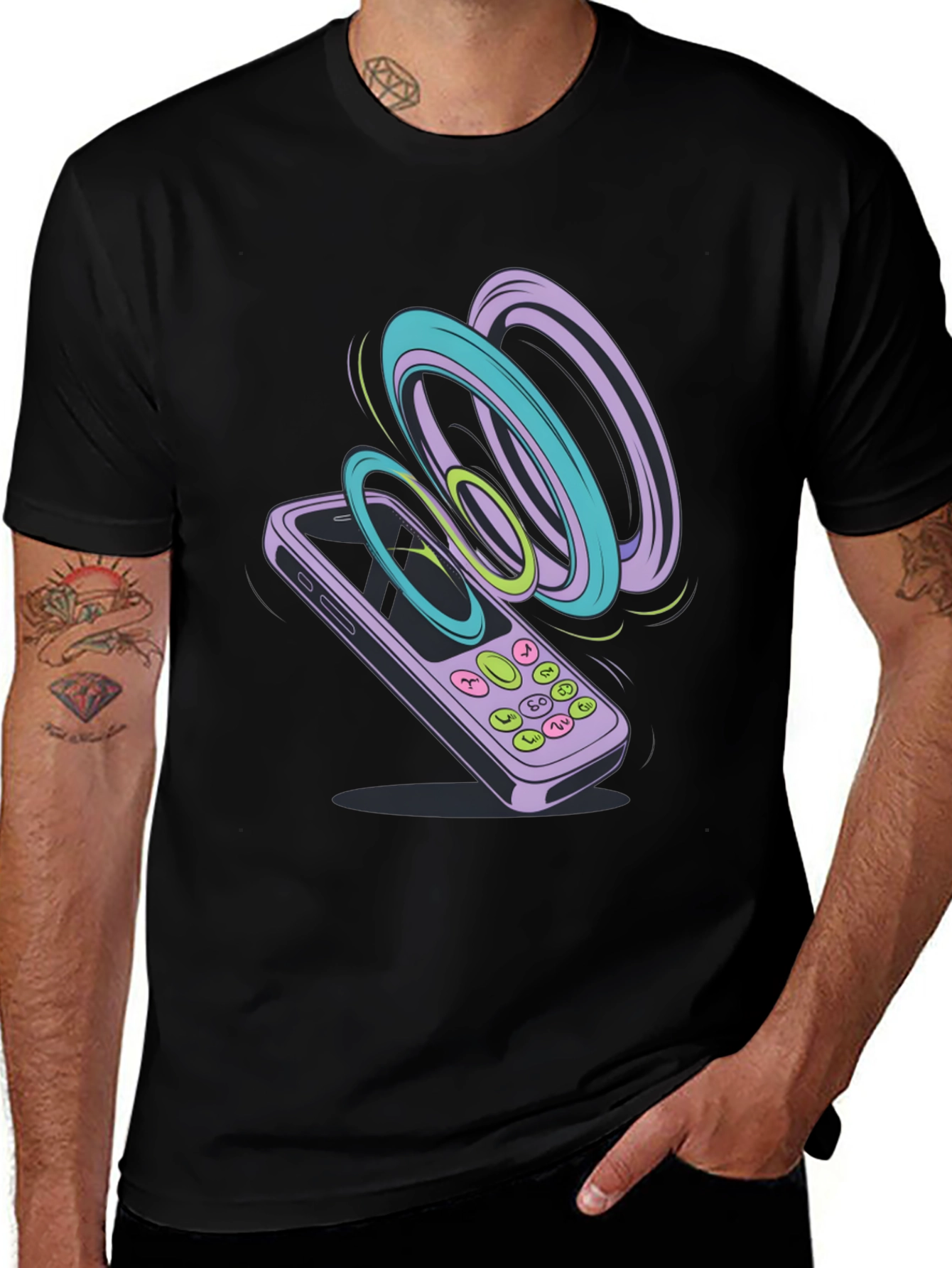 Variant 11 of Retro Phone Graphic Tee - Black Cotton T-Shirt