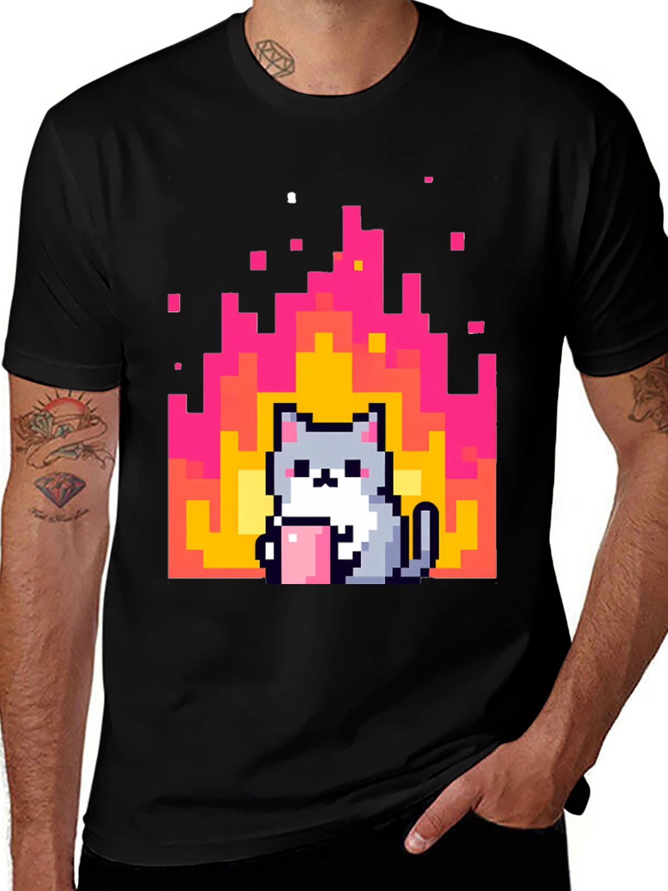 Variant 4 of Pixel Cat & Flames Black T-Shirt