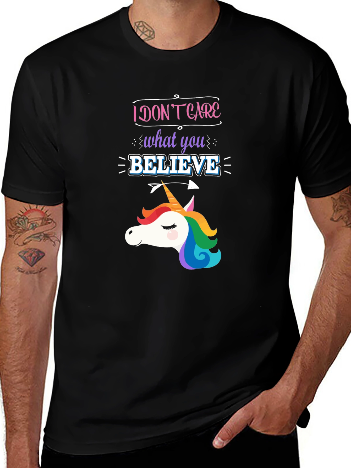 Black I Don't Care What You Believe Unicorn Graphic Tee main image